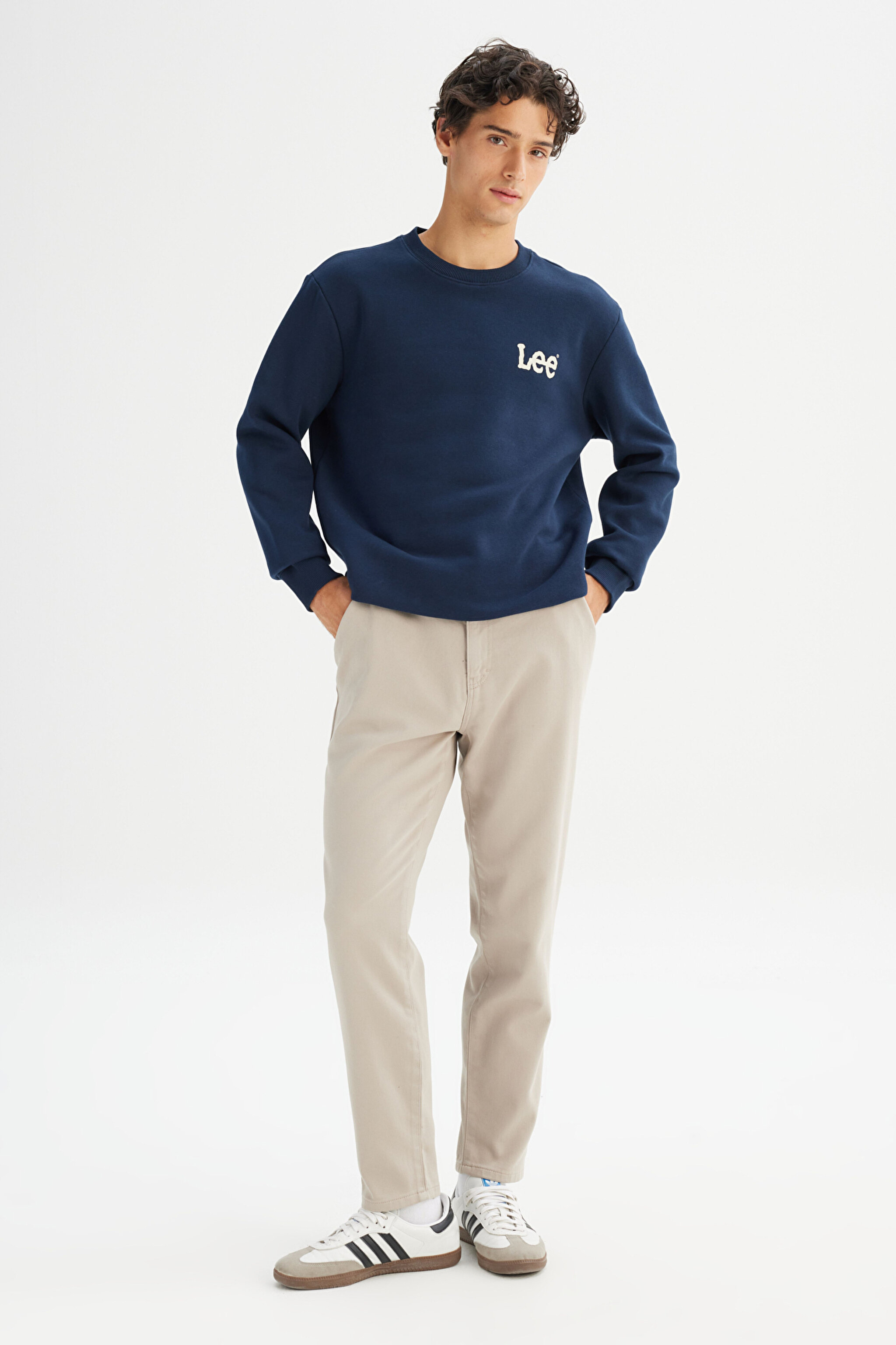 Regular Fit Normal Kesim Bisiklet Yaka İçi Polarlı Lacivert Minimal Logo Sweatshirt - Rivet Navy-L2520365607 (görsel 2)