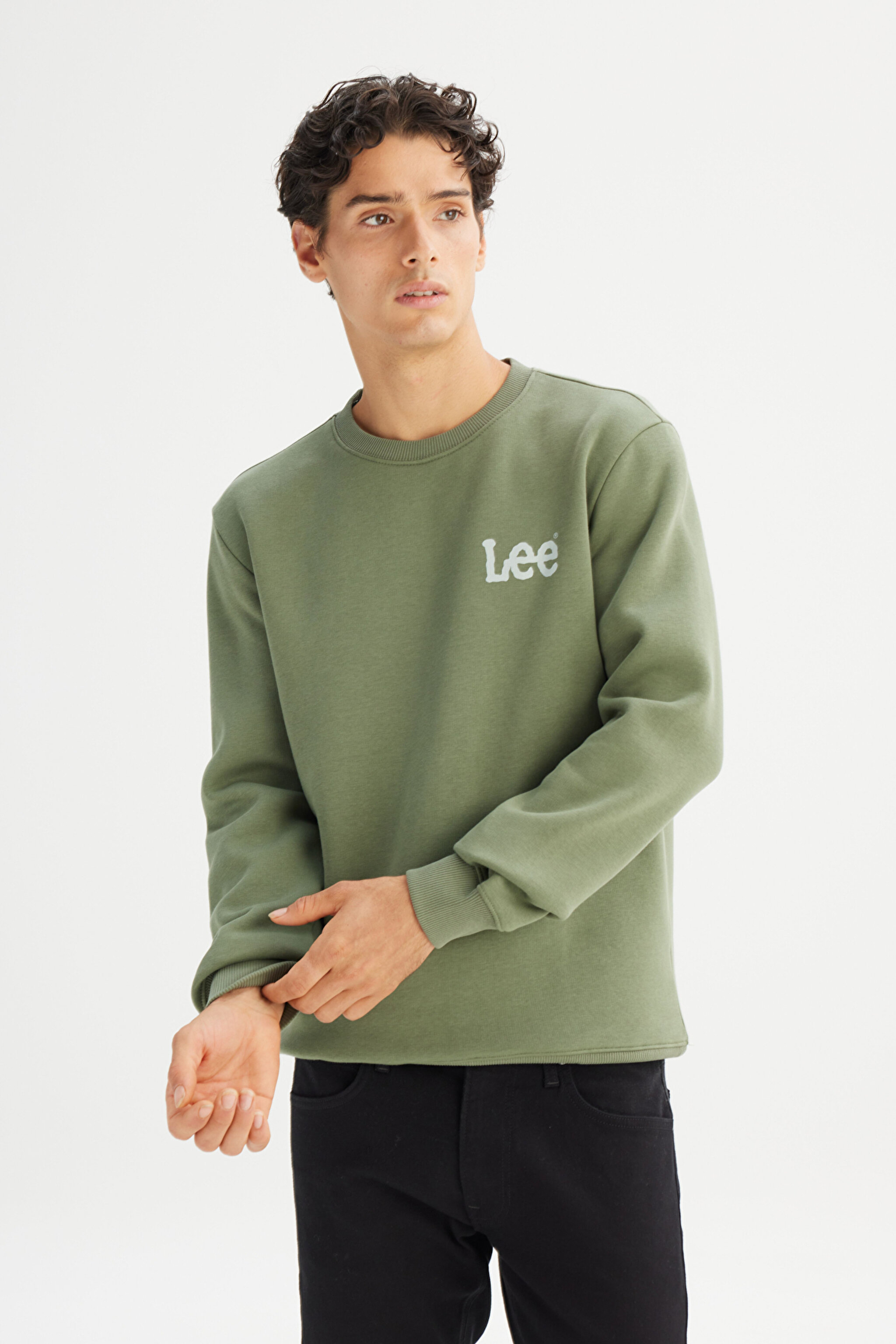Regular Fit Normal Kesim Bisiklet Yaka İçi Polarlı Yeşil Sweatshirt - OliveStone-L2520365904 (görsel 3)