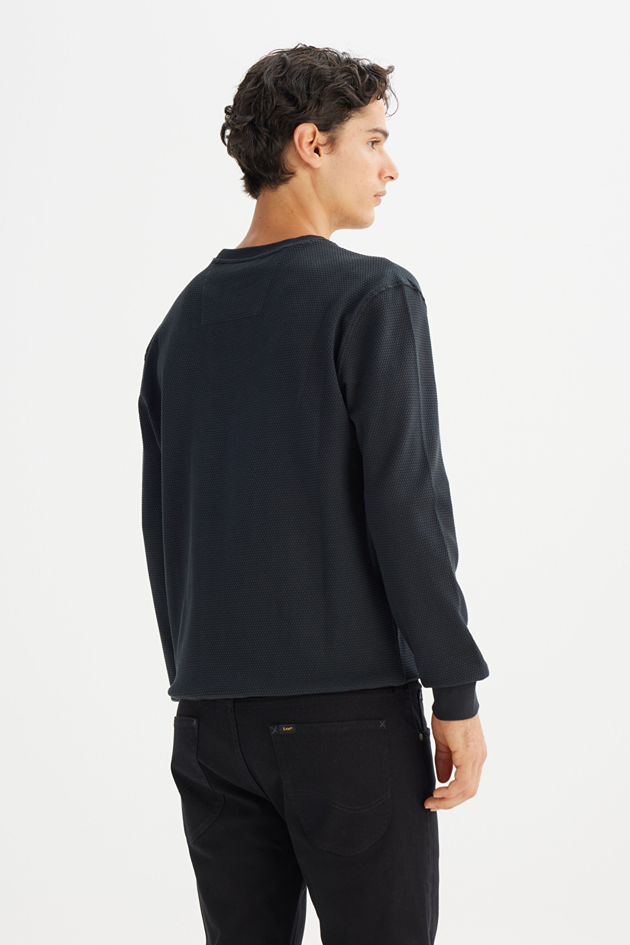 %100 Pamuk Regular Fit Normal Kesim Bisiklet Yaka Logo Detaylı Sweatshirt - Black-L2520367001 (görsel 5)