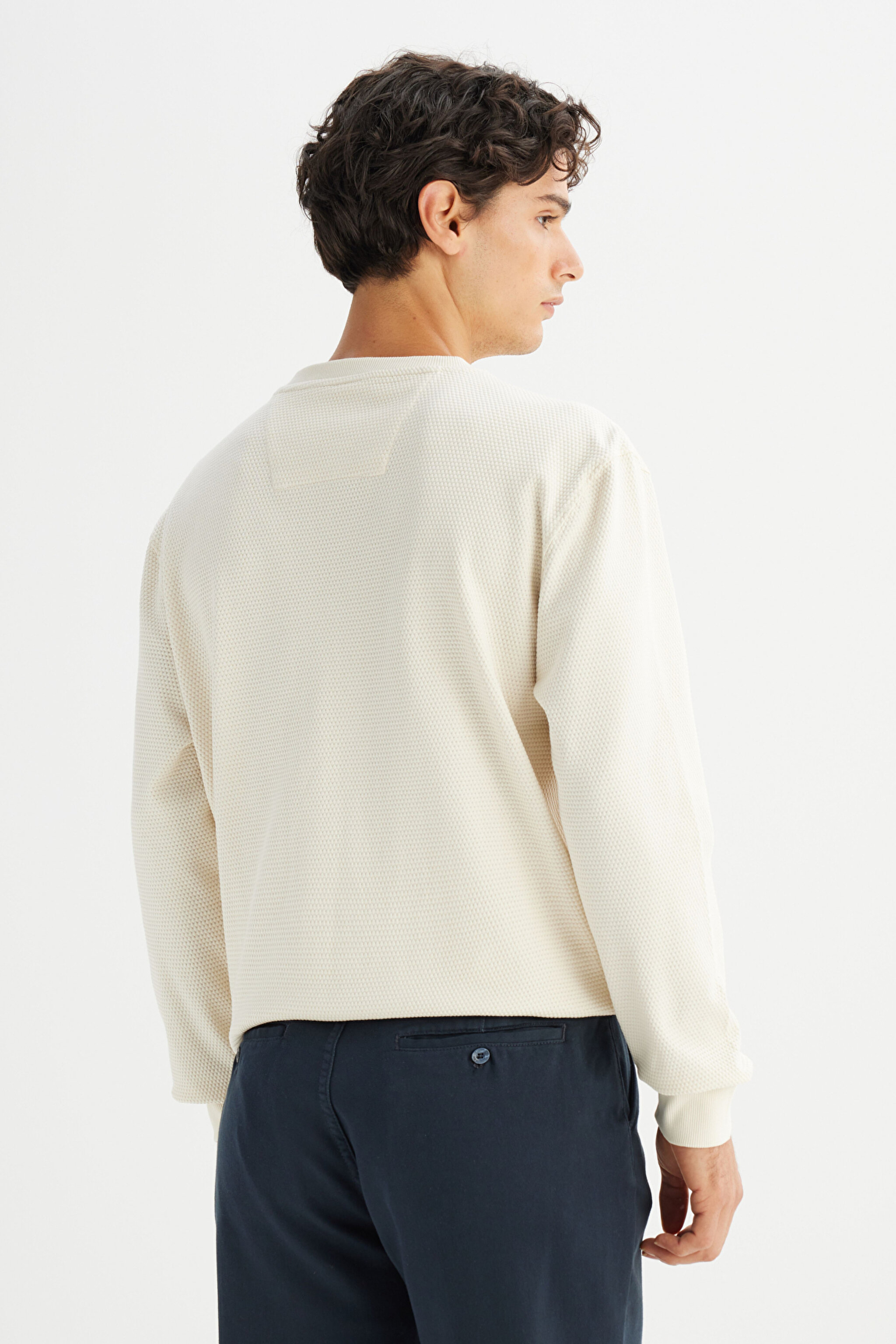 %100 Pamuk Regular Fit Normal Kesim Bisiklet Yaka Patch Logo Siyah Sweatshirt - Beige-L2520367614 (görsel 5)