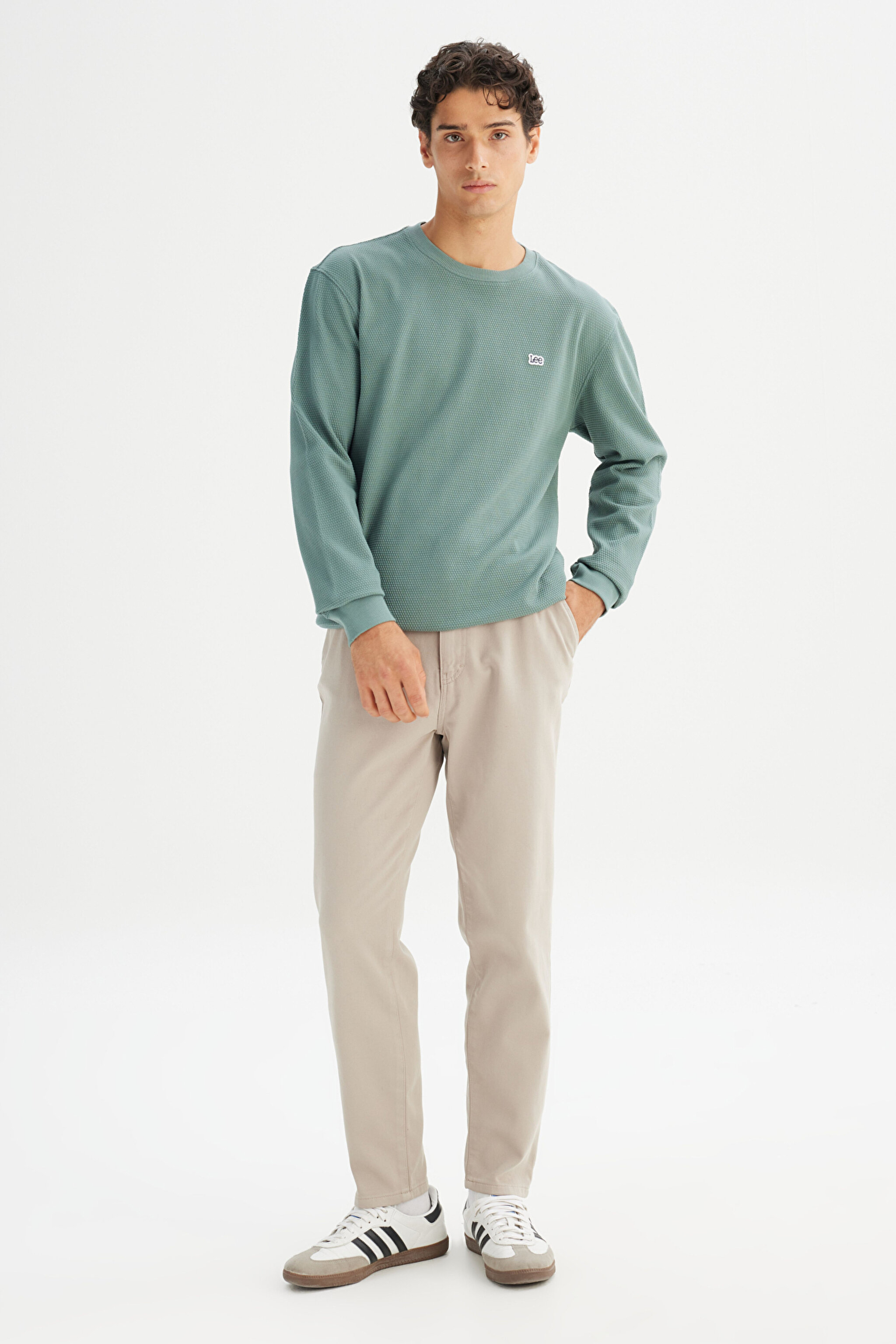 %100 Pamuk Regular Fit Normal Kesim Bisiklet Yaka Logo Detaylı Sweatshirt - KHAKI-L2520367801 (görsel 2)