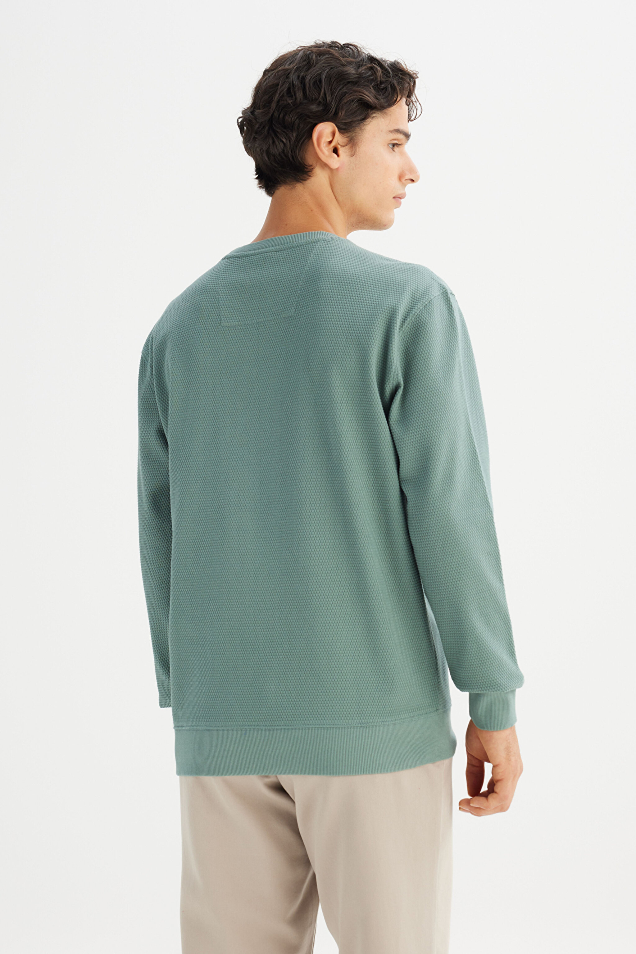 %100 Pamuk Regular Fit Normal Kesim Bisiklet Yaka Logo Detaylı Sweatshirt - KHAKI-L2520367801 (görsel 5)