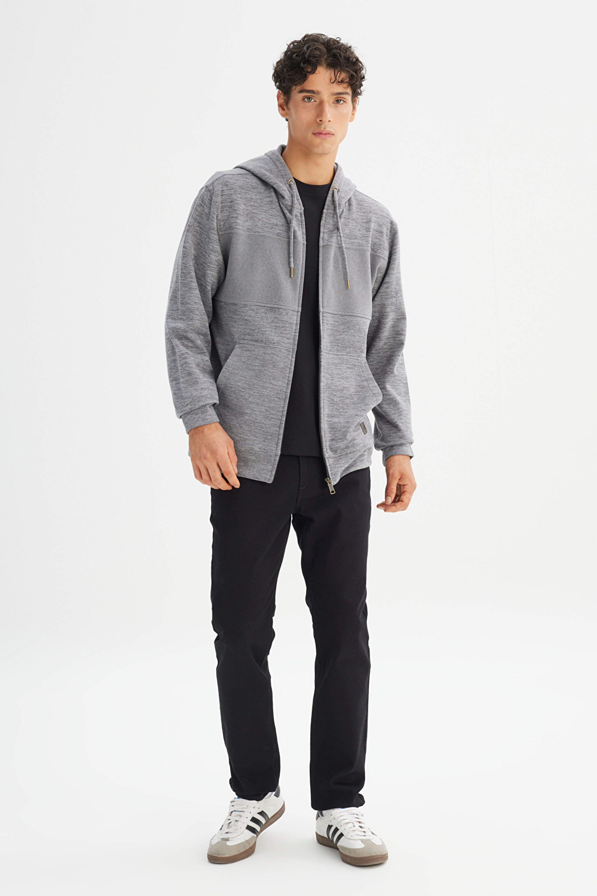 Regular Fit Normal Kesim Kapüşonlu Cepli İçi Polarlı Fermuarlı Sweatshirt - Gray-L2520370035 (görsel 2)