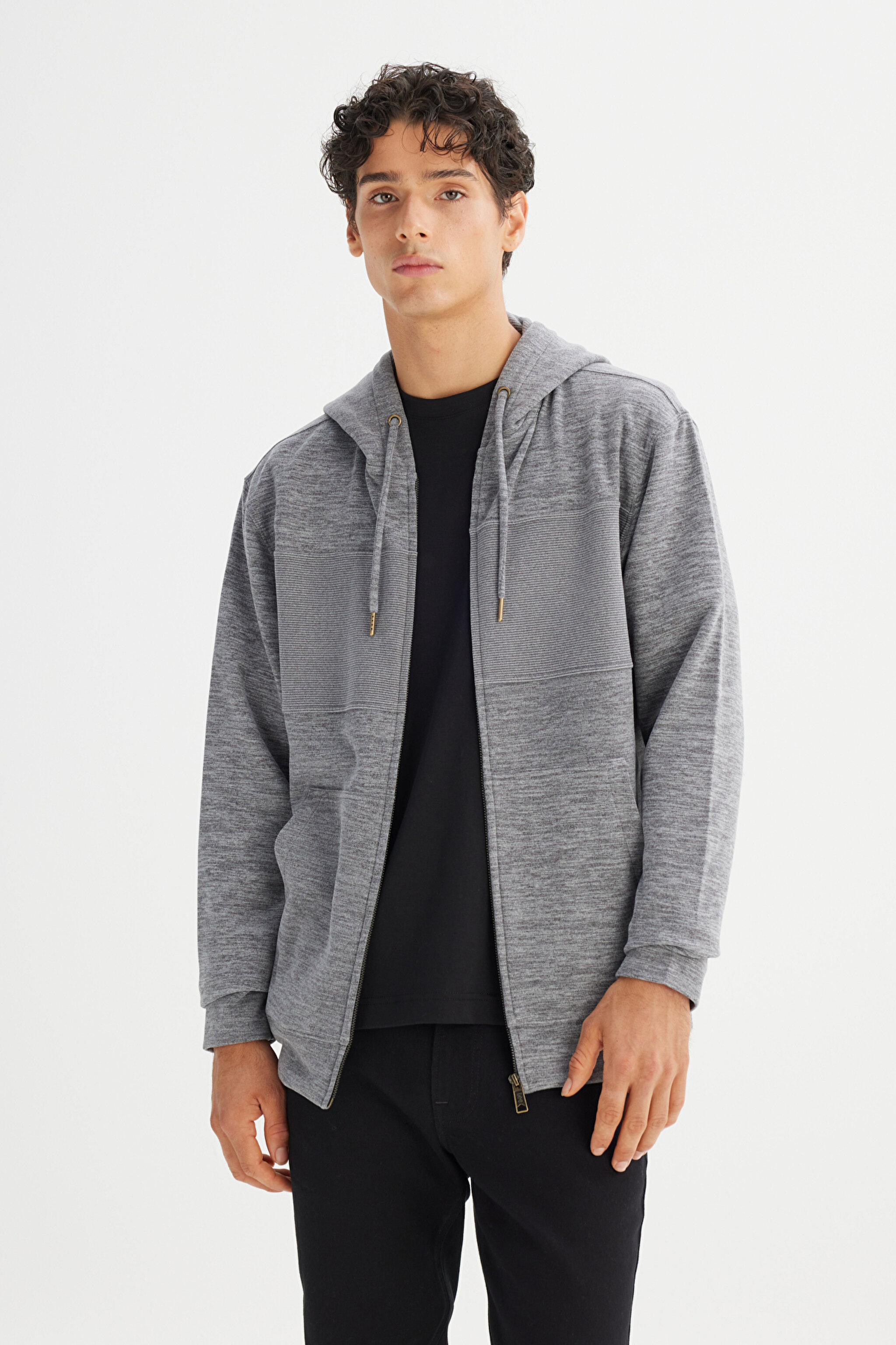 Regular Fit Normal Kesim Kapüşonlu Cepli İçi Polarlı Fermuarlı Sweatshirt - Gray-L2520370035 (görsel 3)