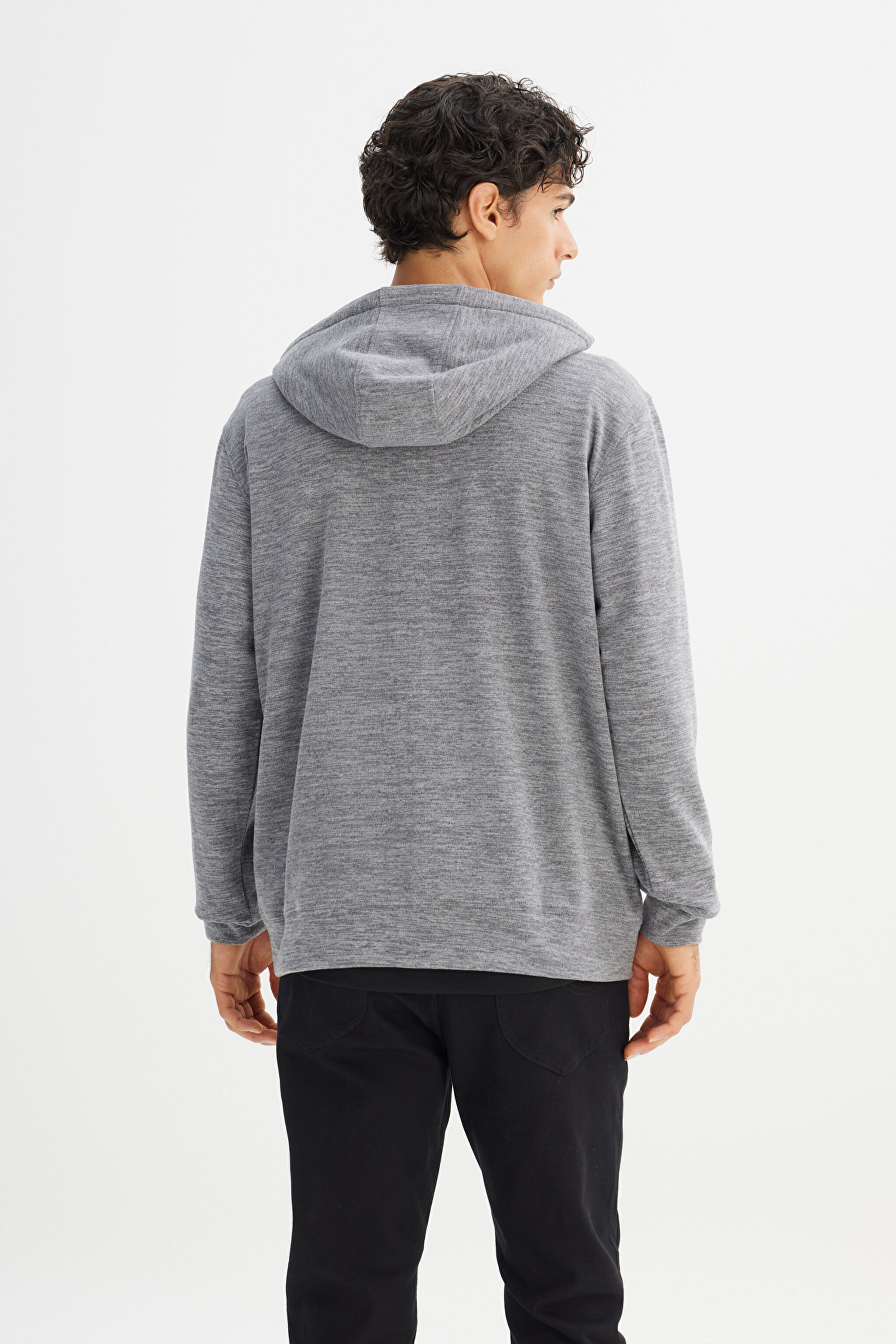 Regular Fit Normal Kesim Kapüşonlu Cepli İçi Polarlı Fermuarlı Sweatshirt - Gray-L2520370035 (görsel 6)