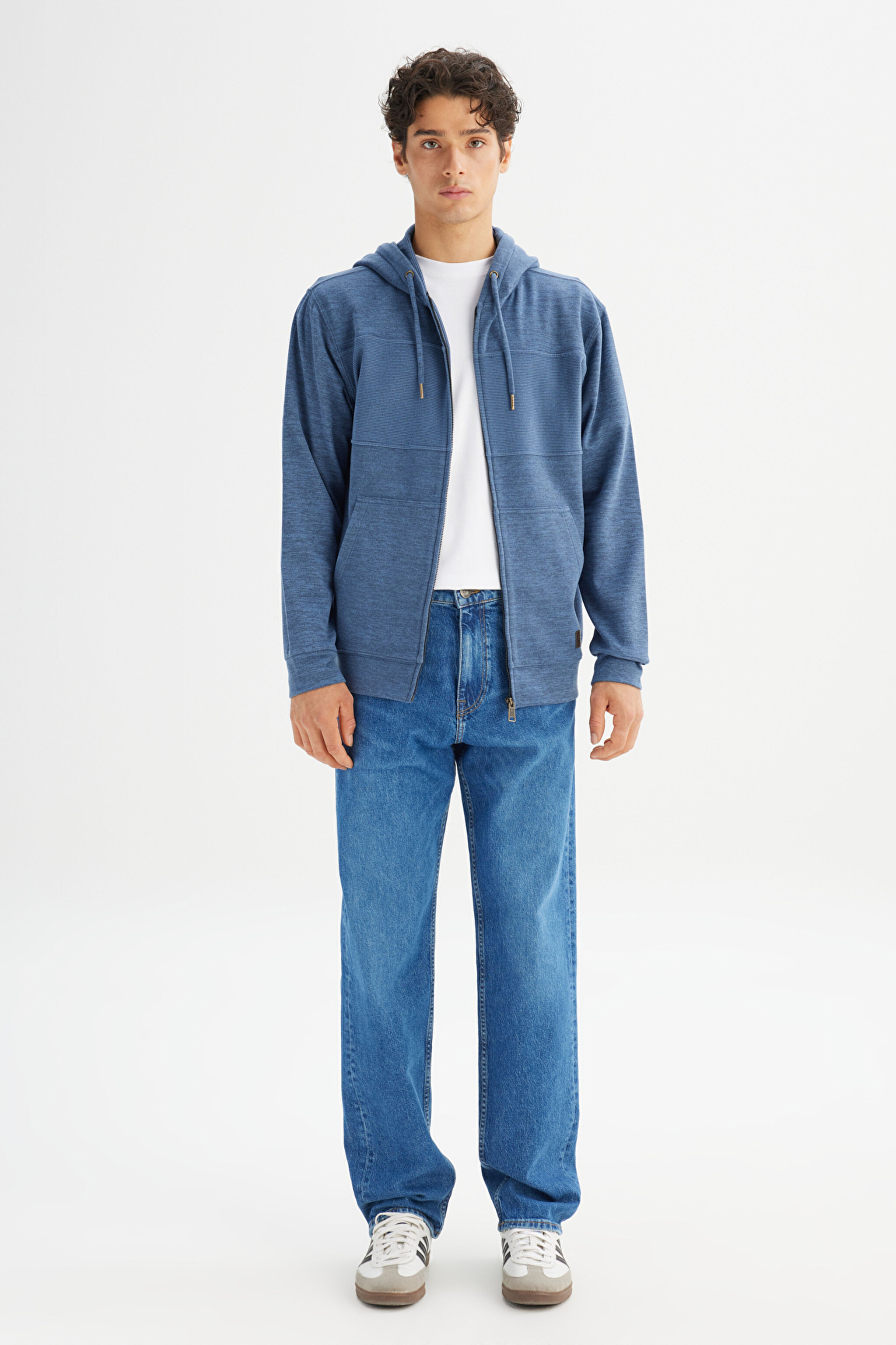 Regular Fit Normal Kesim Cepli İçi Polarlı Kapüşonlu Fermuarlı Sweatshirt - Blue-L2520370400 (görsel 2)