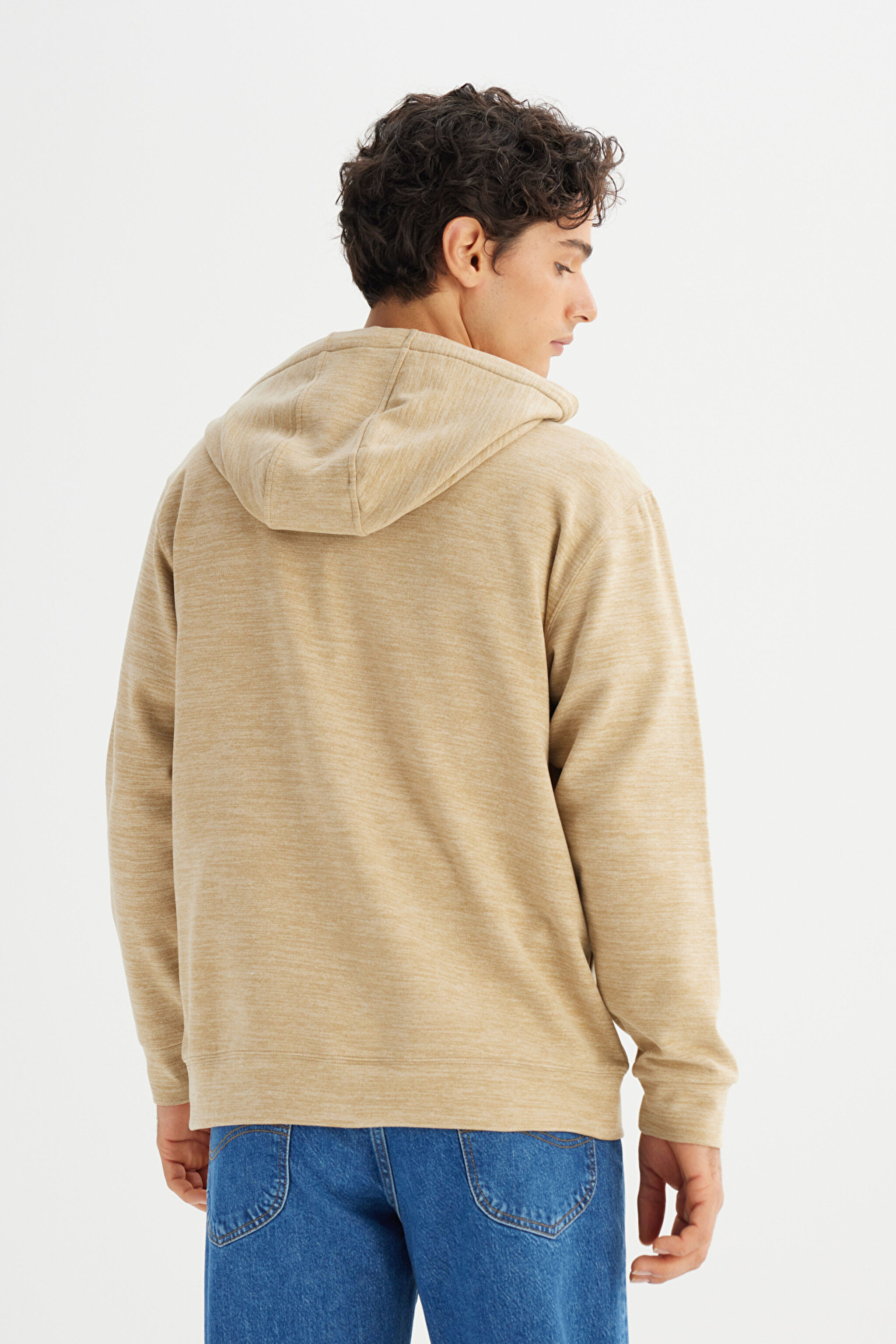 Regular Fit Normal Kesim Kapüşonlu Cepli İçi Polarlı Sweatshirt - Beige-L2520370614 (görsel 5)