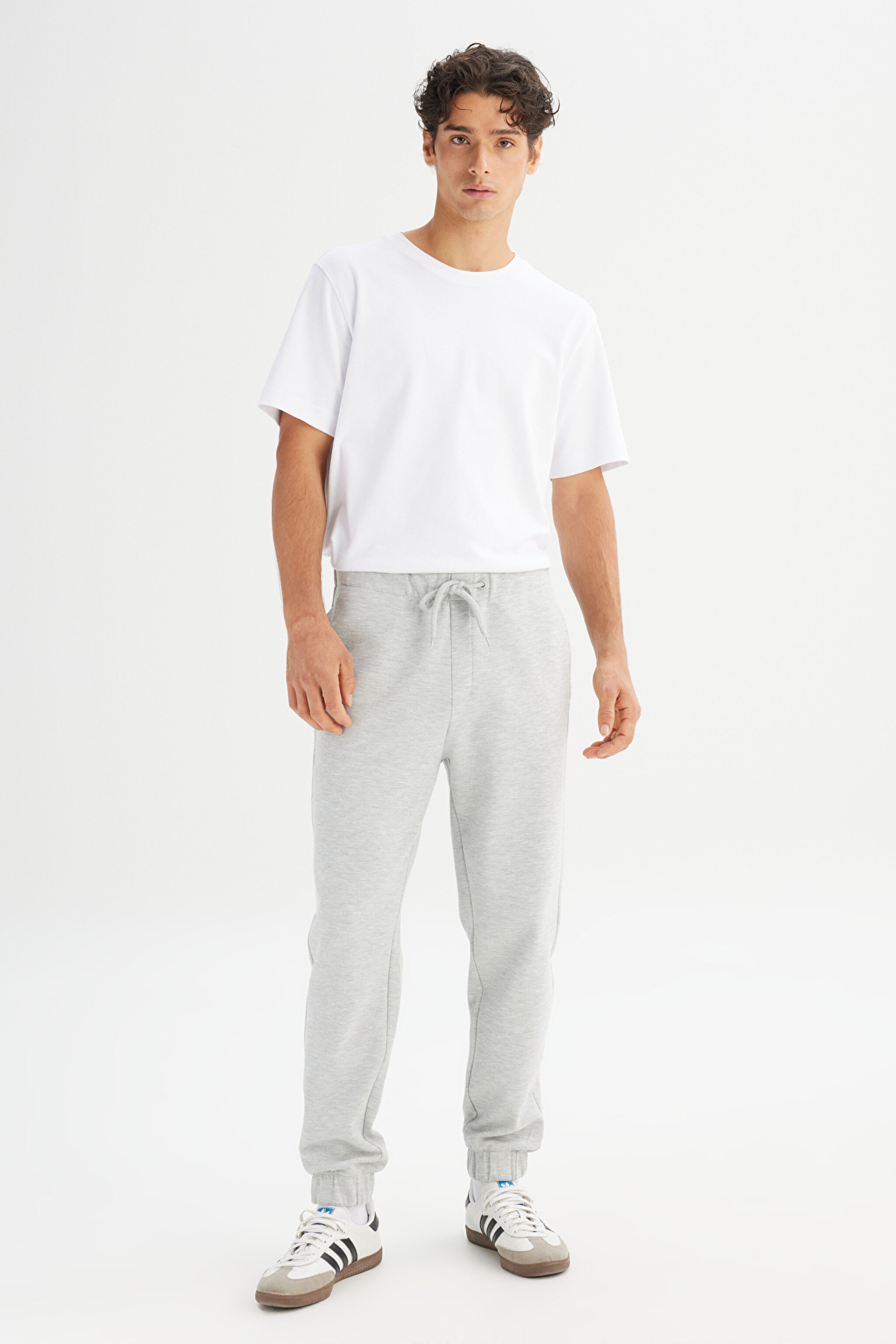 Regular Fit Normal Kesim Ribanalı Paça Gri Melanj Sweatpant Eşofman Altı