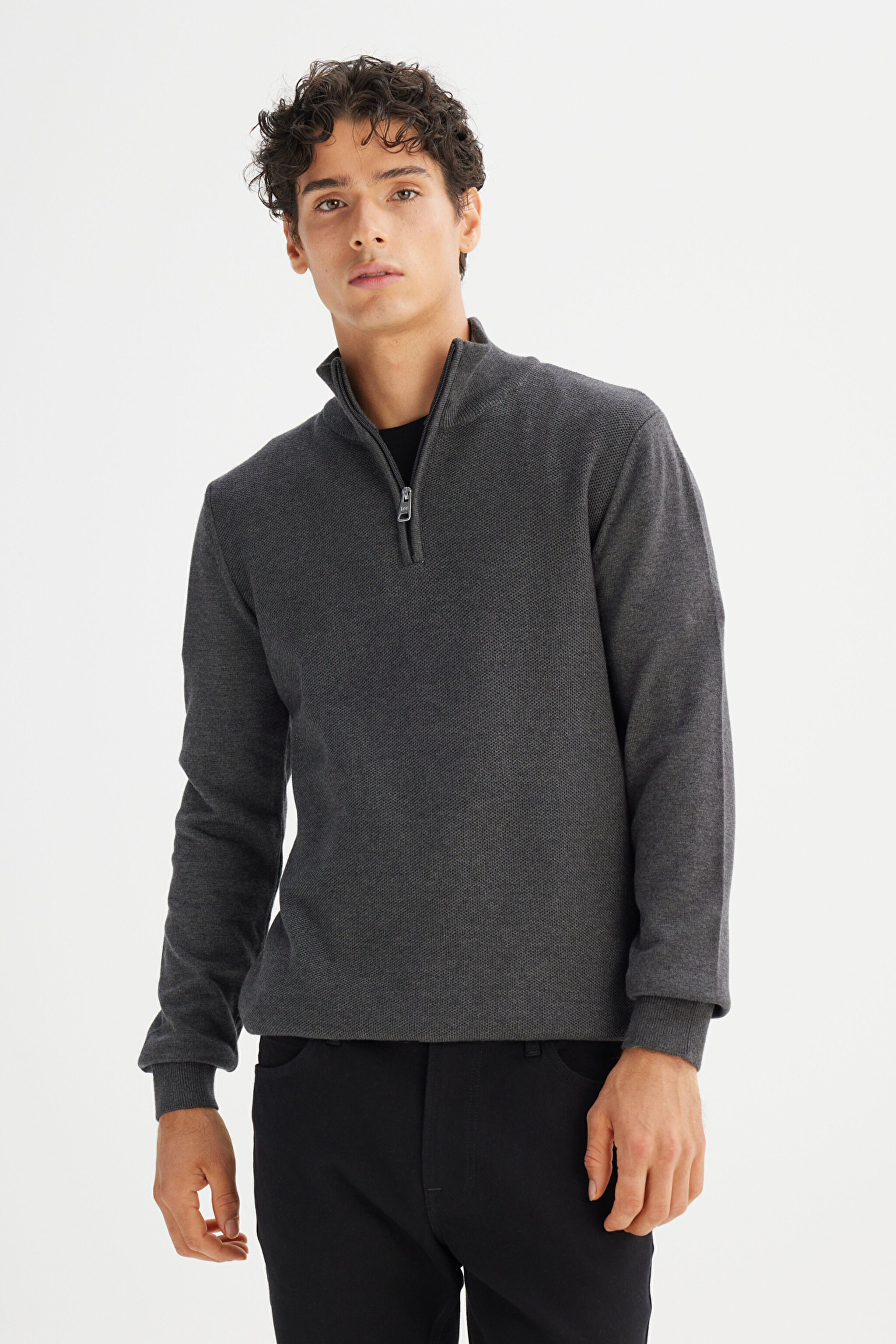 Pamuklu Regular Fit Normal Kesim Dik Yaka Triko Kazak - Anthracita-L2520372003