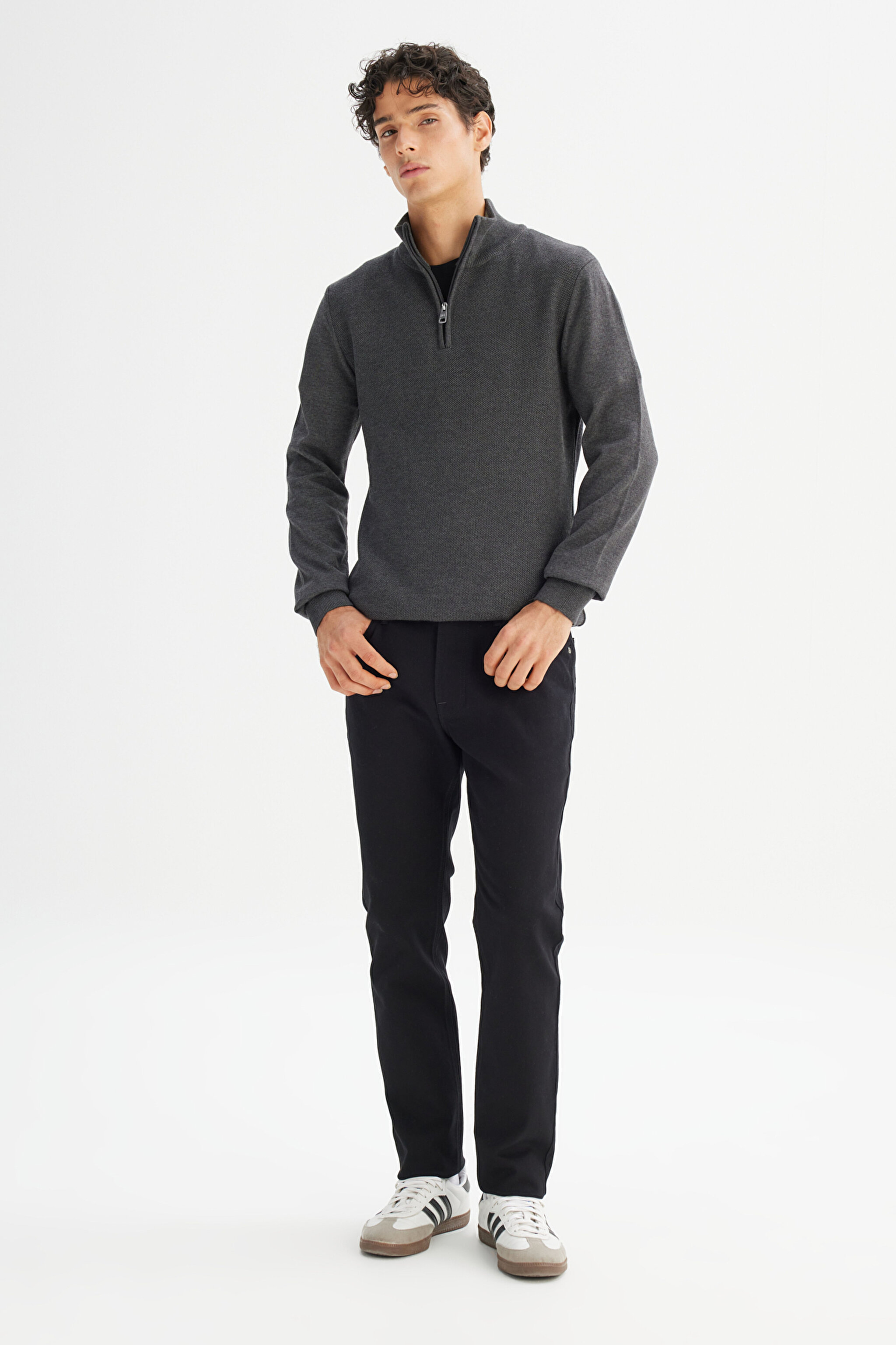Pamuklu Regular Fit Normal Kesim Dik Yaka Triko Kazak - Anthracita-L2520372003 (görsel 2)