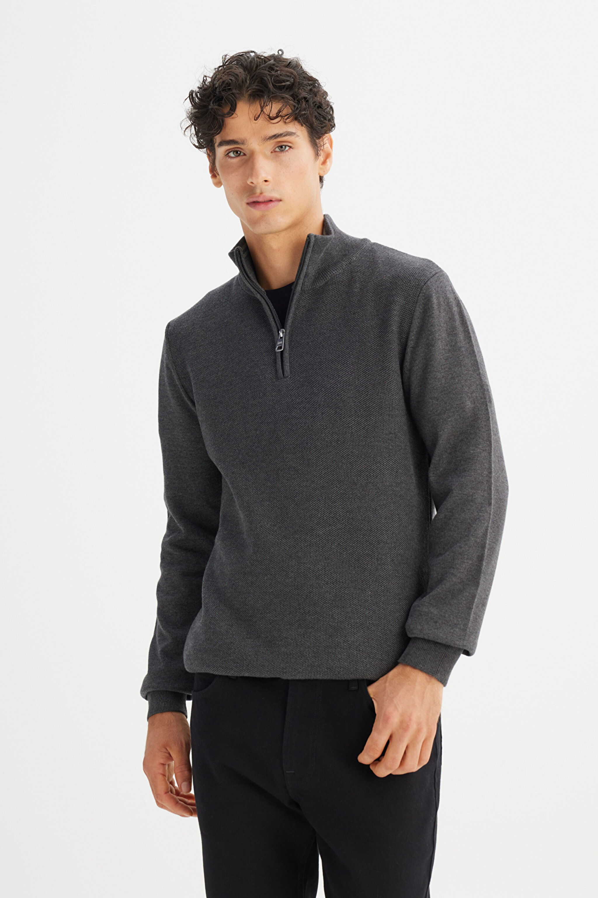 Pamuklu Regular Fit Normal Kesim Dik Yaka Triko Kazak - Anthracita-L2520372003 (görsel 3)