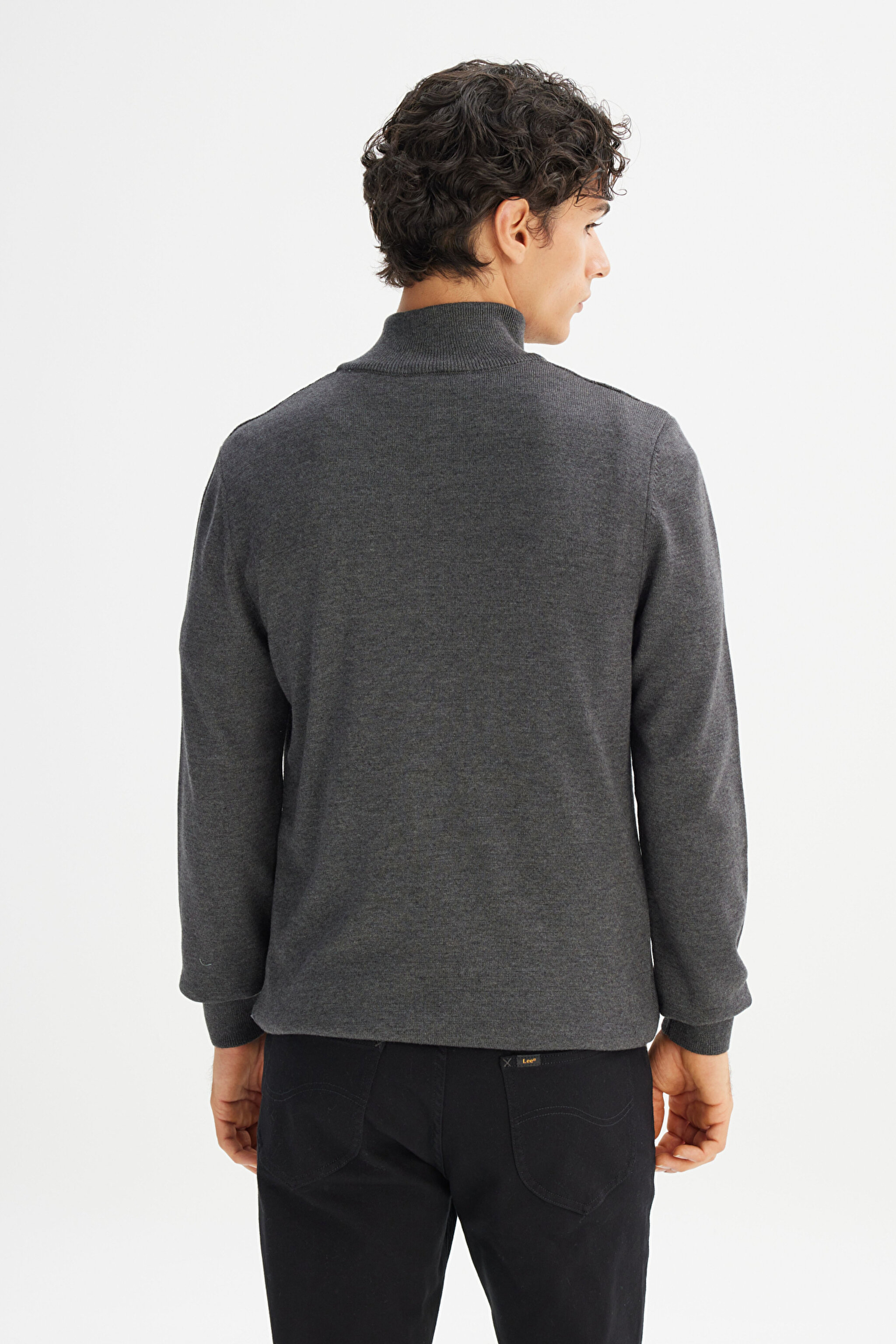 Pamuklu Regular Fit Normal Kesim Dik Yaka Triko Kazak - Anthracita-L2520372003 (görsel 5)
