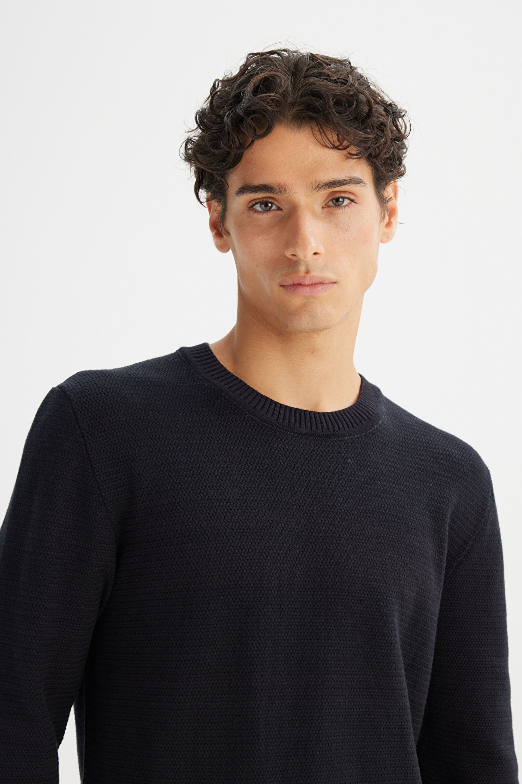 %100 Pamuk Regular Fit Normal Kesim Bisiklet Yaka Triko Kazak - Black-L2520373001 (görsel 4)