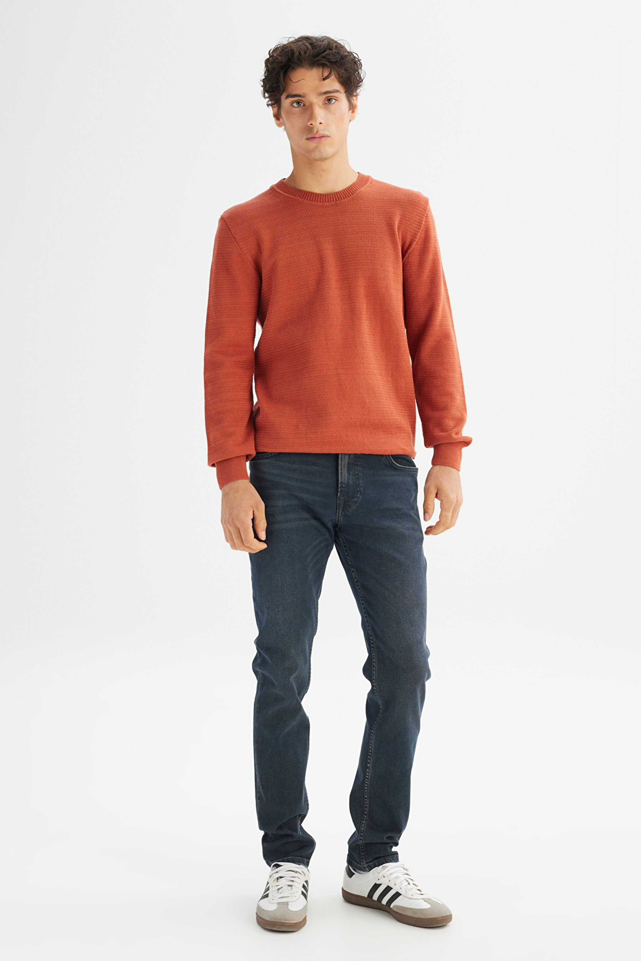 %100 Pamuk Regular Fit Normal Kesim Bisiklet Yaka Triko Kazak - Brick-L2520373222 (görsel 2)
