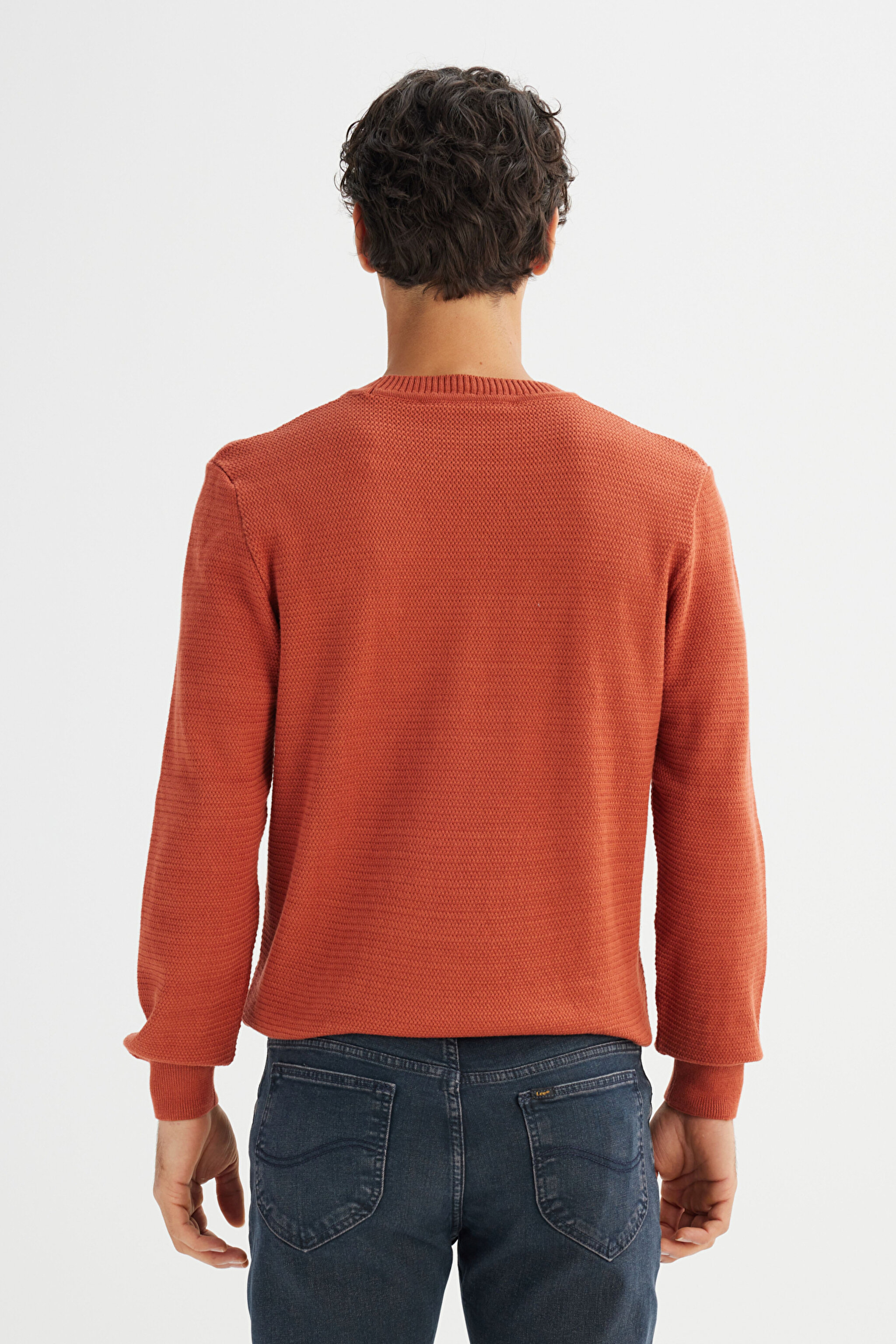 %100 Pamuk Regular Fit Normal Kesim Bisiklet Yaka Triko Kazak - Brick-L2520373222 (görsel 5)