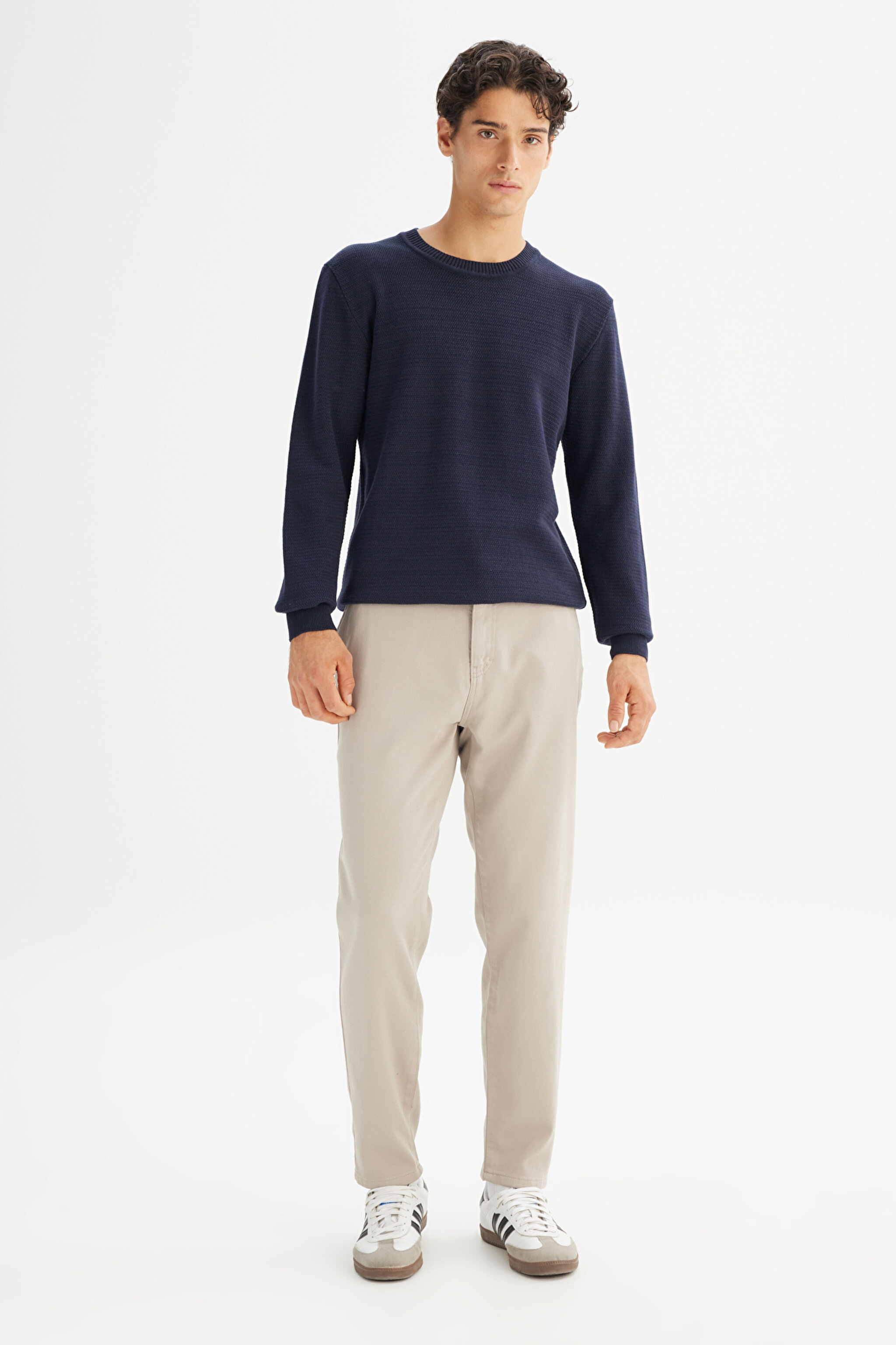 %100 Pamuk Regular Fit Normal Kesim Bisiklet Yaka Triko Kazak - Navy-L2520373410 (görsel 2)