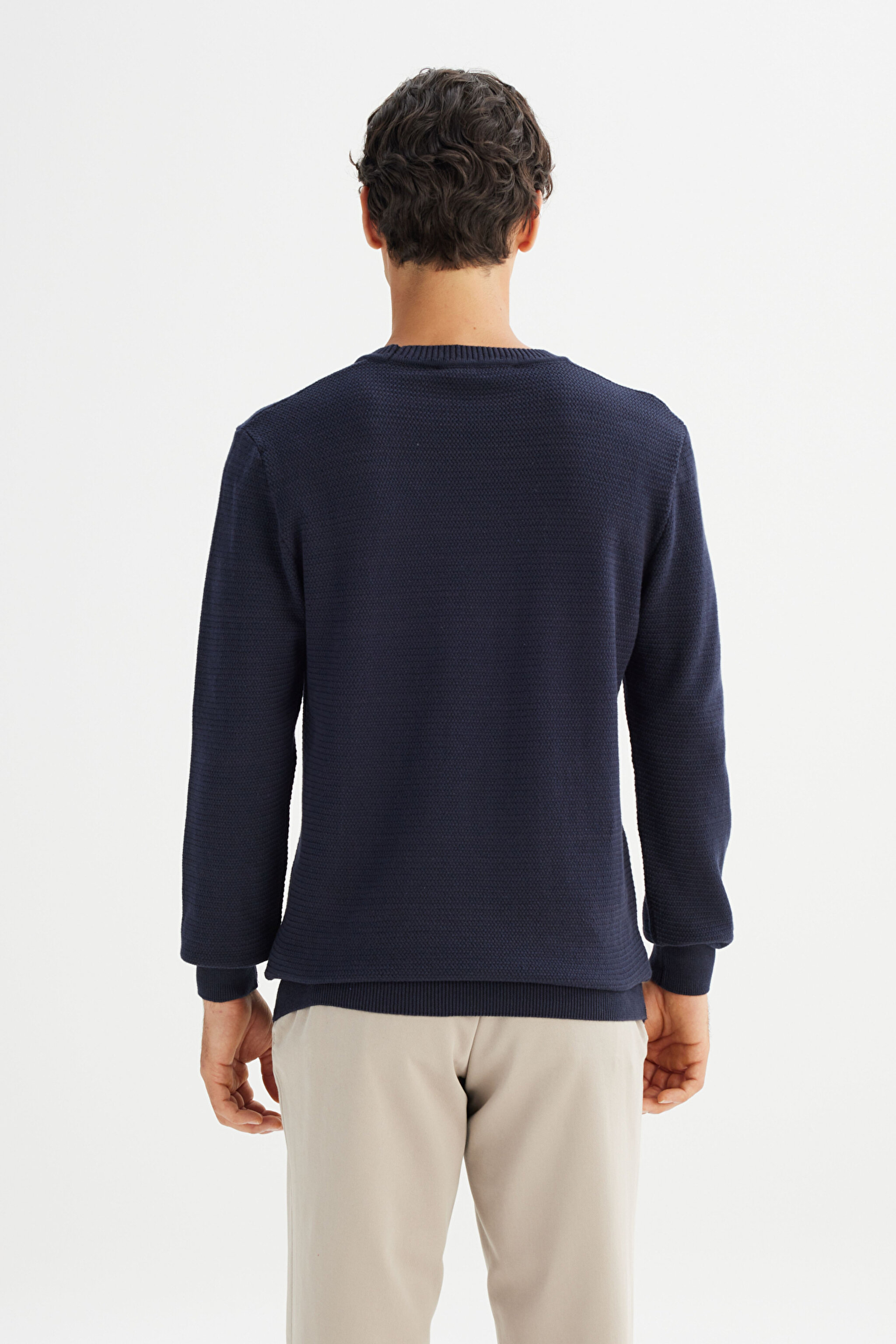 %100 Pamuk Regular Fit Normal Kesim Bisiklet Yaka Triko Kazak - Navy-L2520373410 (görsel 5)
