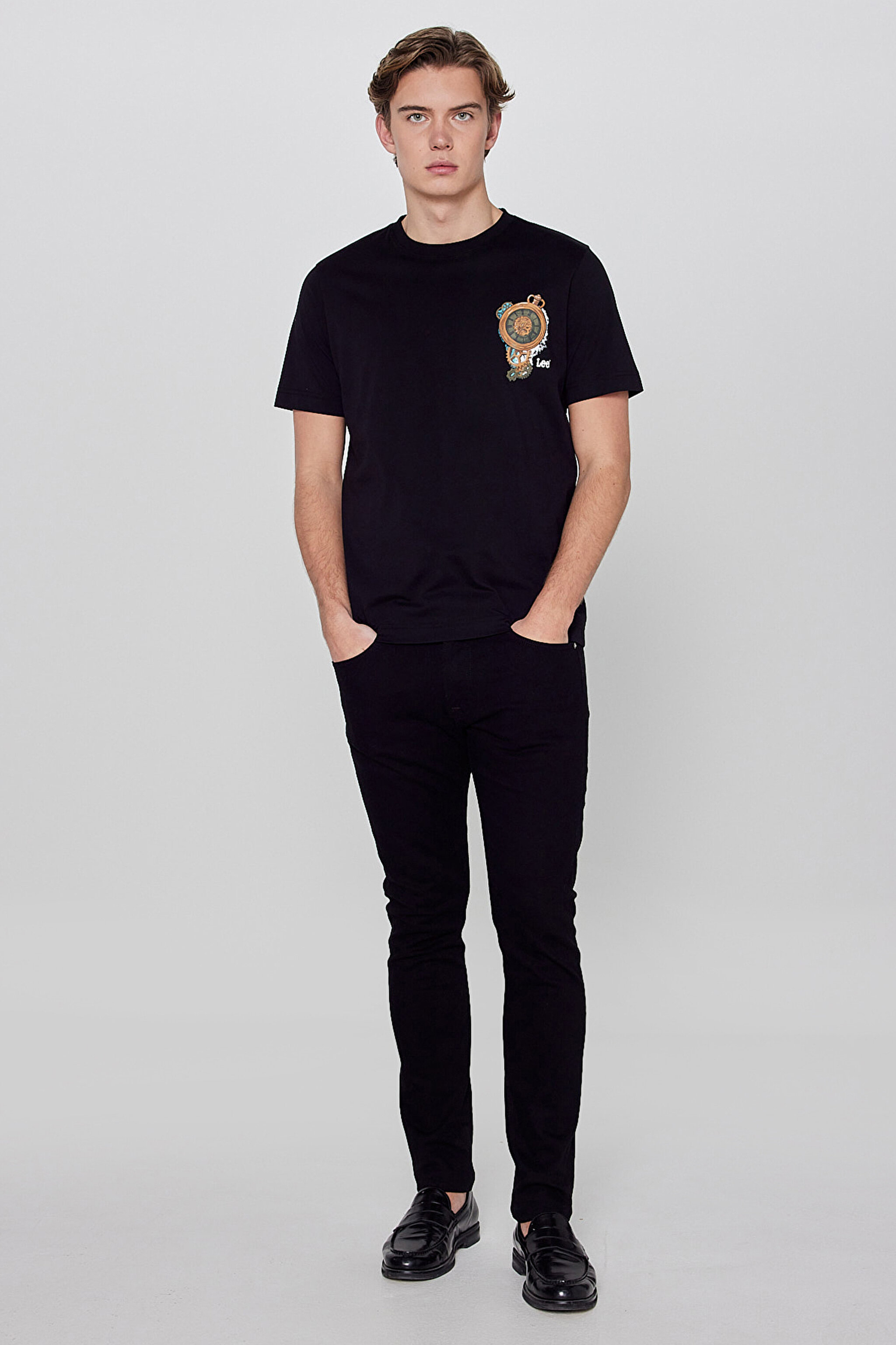 %100 Pamuk Regular Fit Normal Kesim Bisiklet Yaka Logo Detaylı Tişört - Black-L2610009001 (görsel 3)