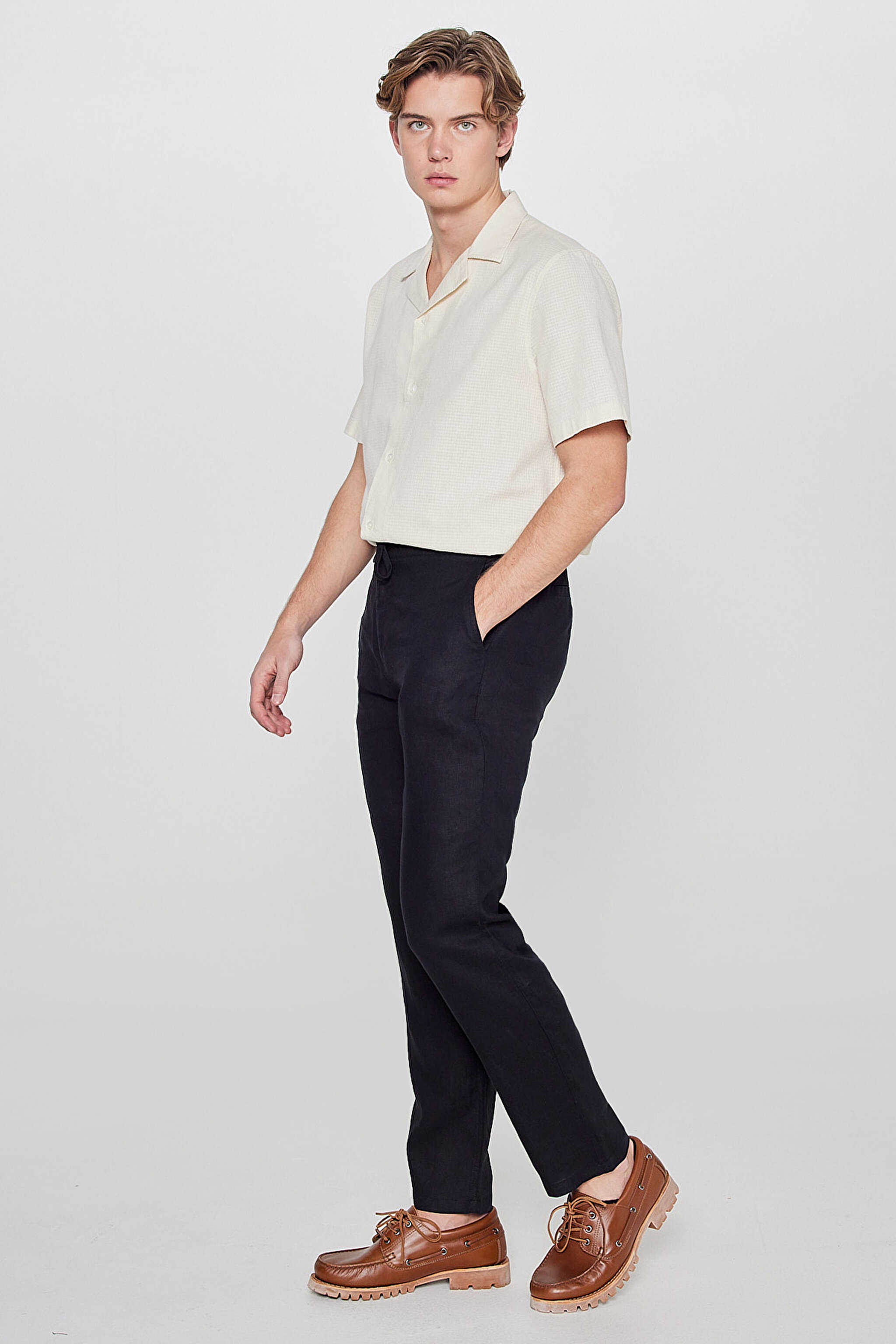 %100 Keten Regular Fit Normal Kesim Cepli Pantolon - Black-L2610018001 (görsel 2)