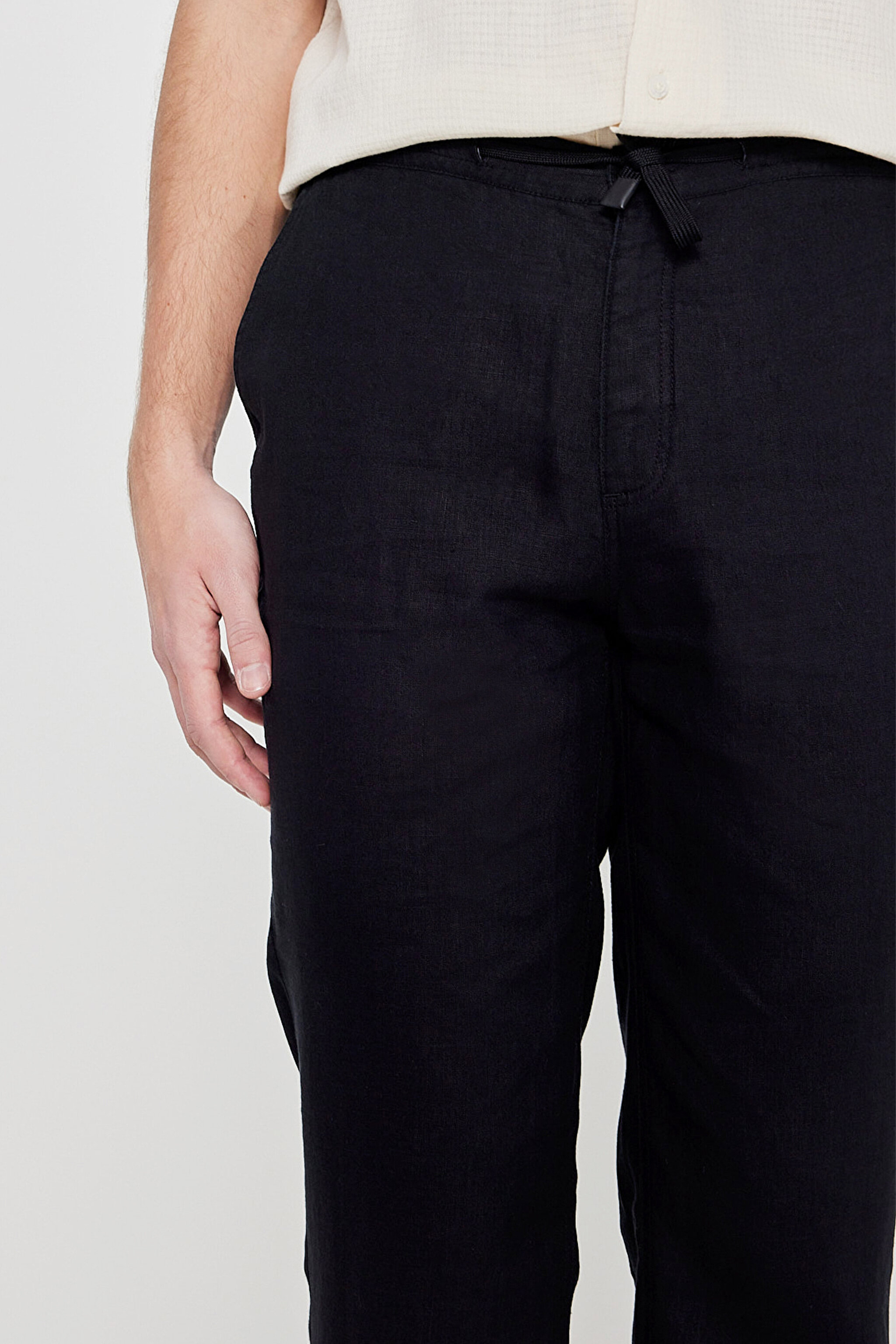 %100 Keten Regular Fit Normal Kesim Cepli Pantolon - Black-L2610018001 (görsel 5)