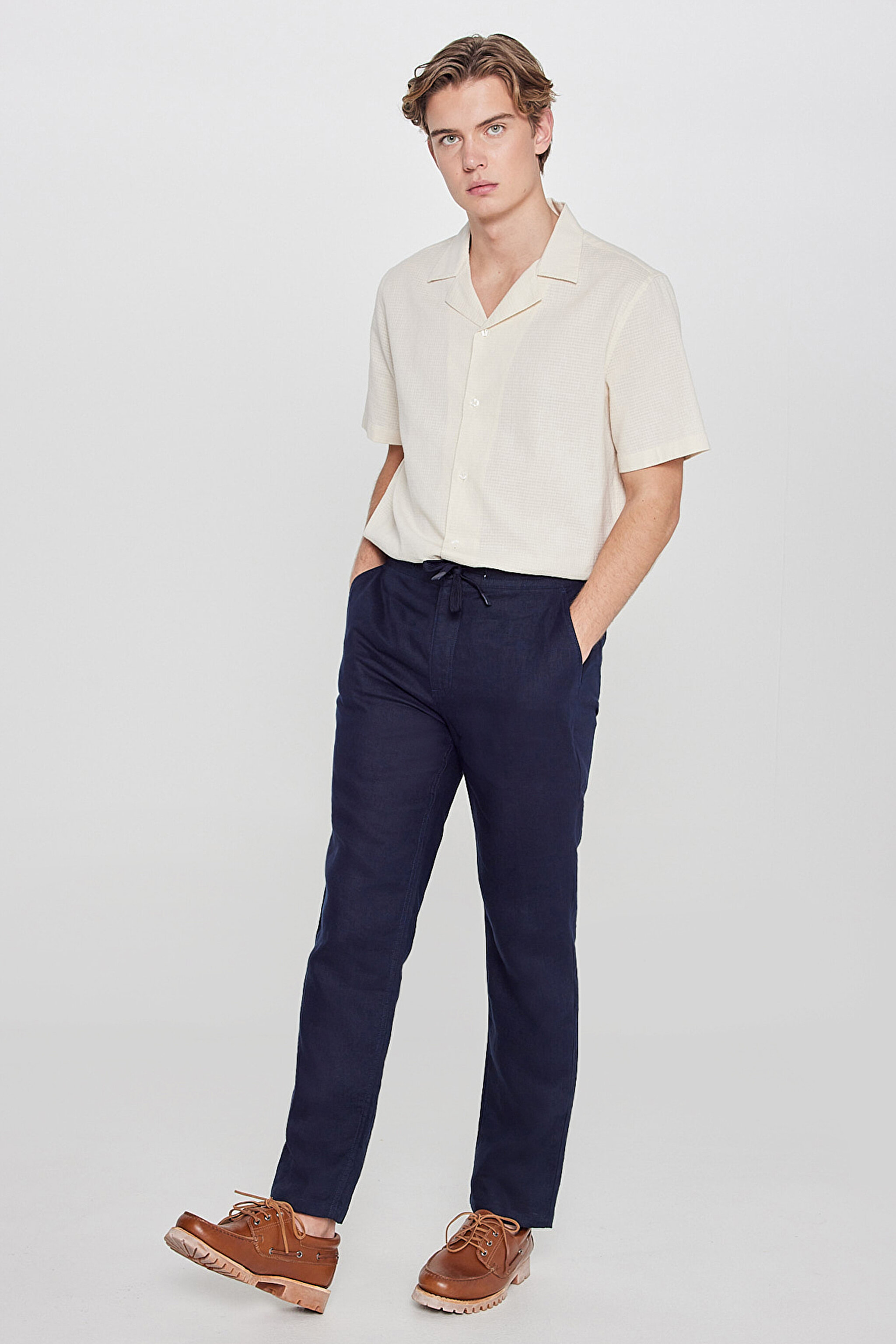%100 Keten Regular Fit Normal Kesim Cepli Pantolon - Navy-L2610018410 (görsel 2)