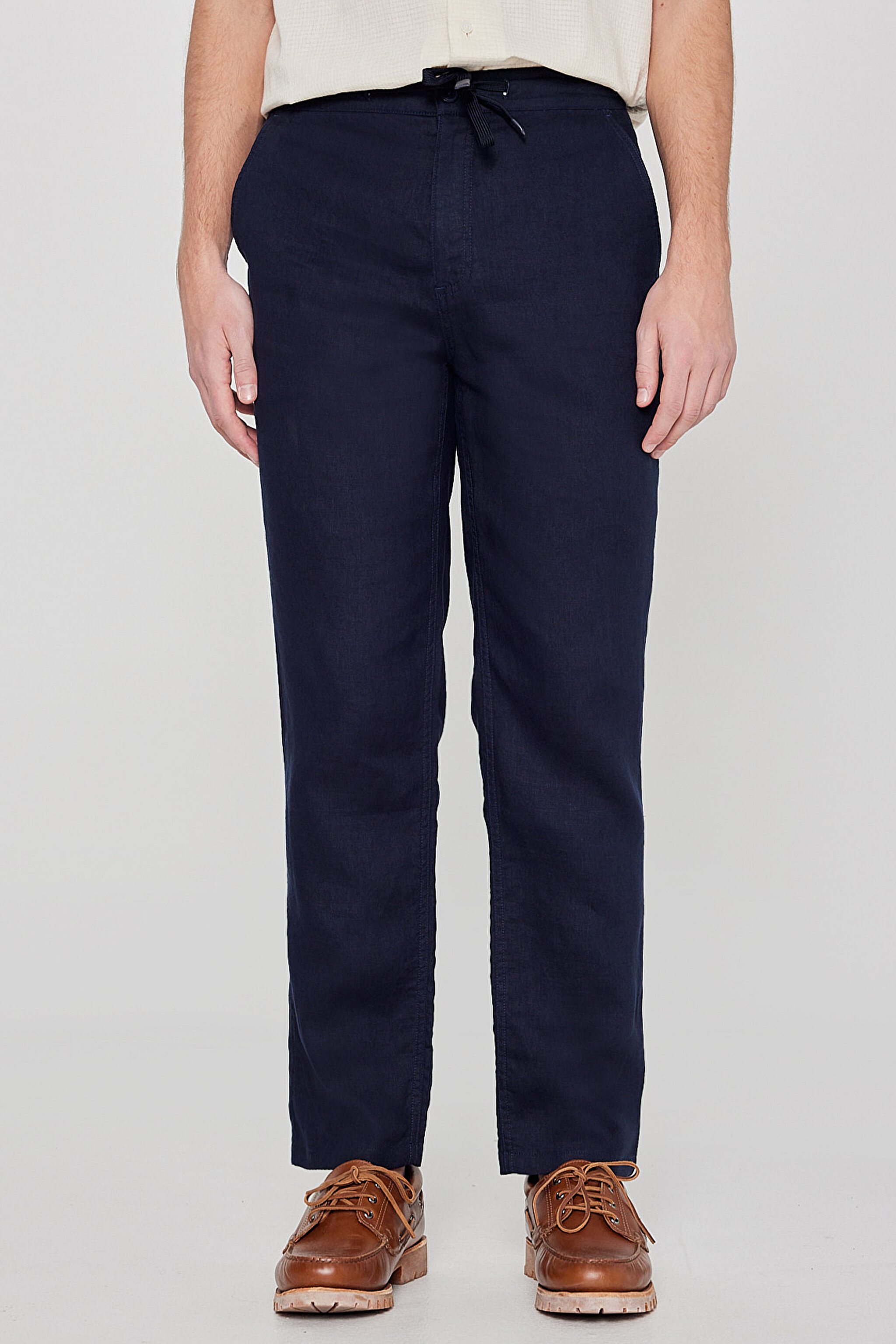 %100 Keten Regular Fit Normal Kesim Cepli Pantolon - Navy-L2610018410 (görsel 3)