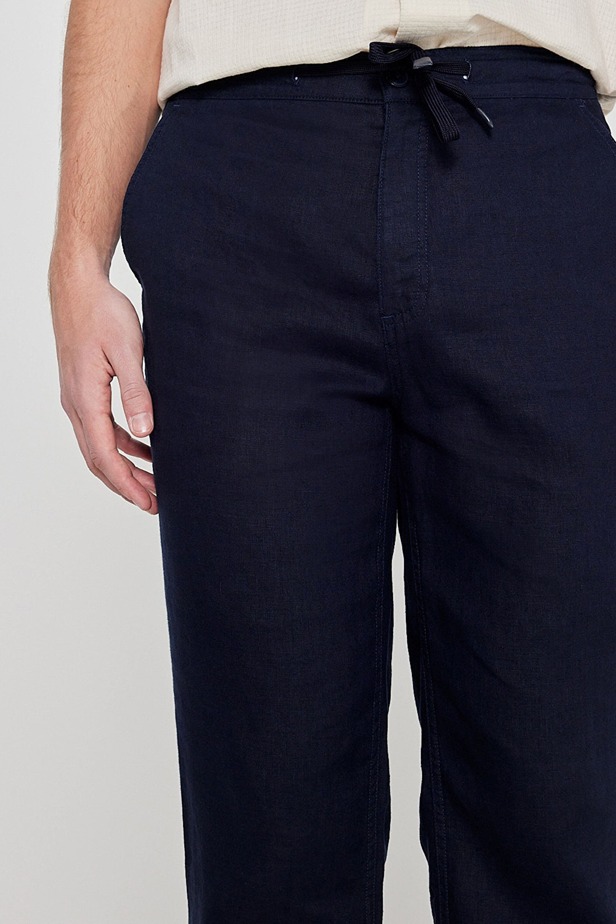 %100 Keten Regular Fit Normal Kesim Cepli Pantolon - Navy-L2610018410 (görsel 5)
