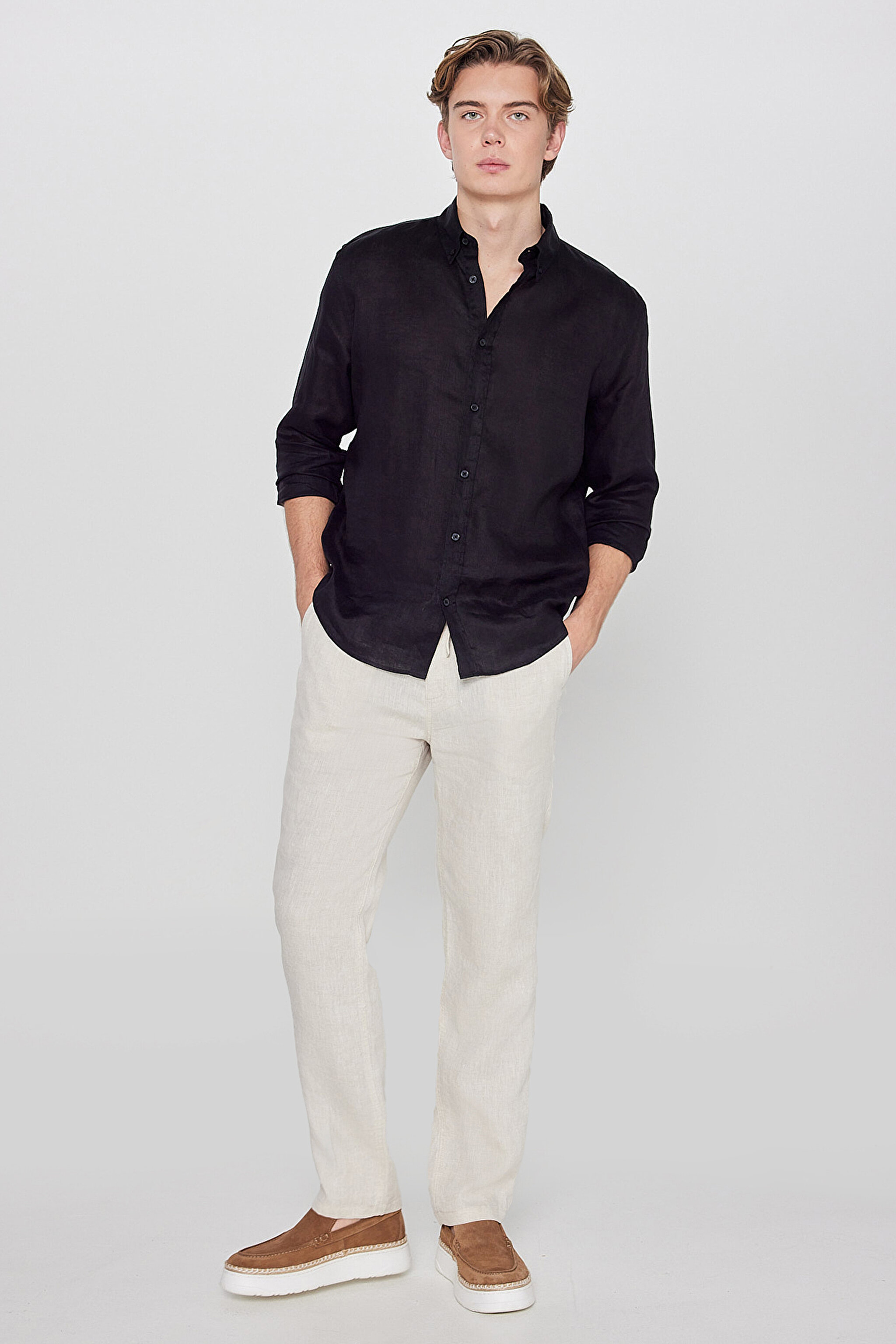 %100 Keten Regular Fit Normal Kesim Cepli Pantolon - Beige-L2610018614 (görsel 2)