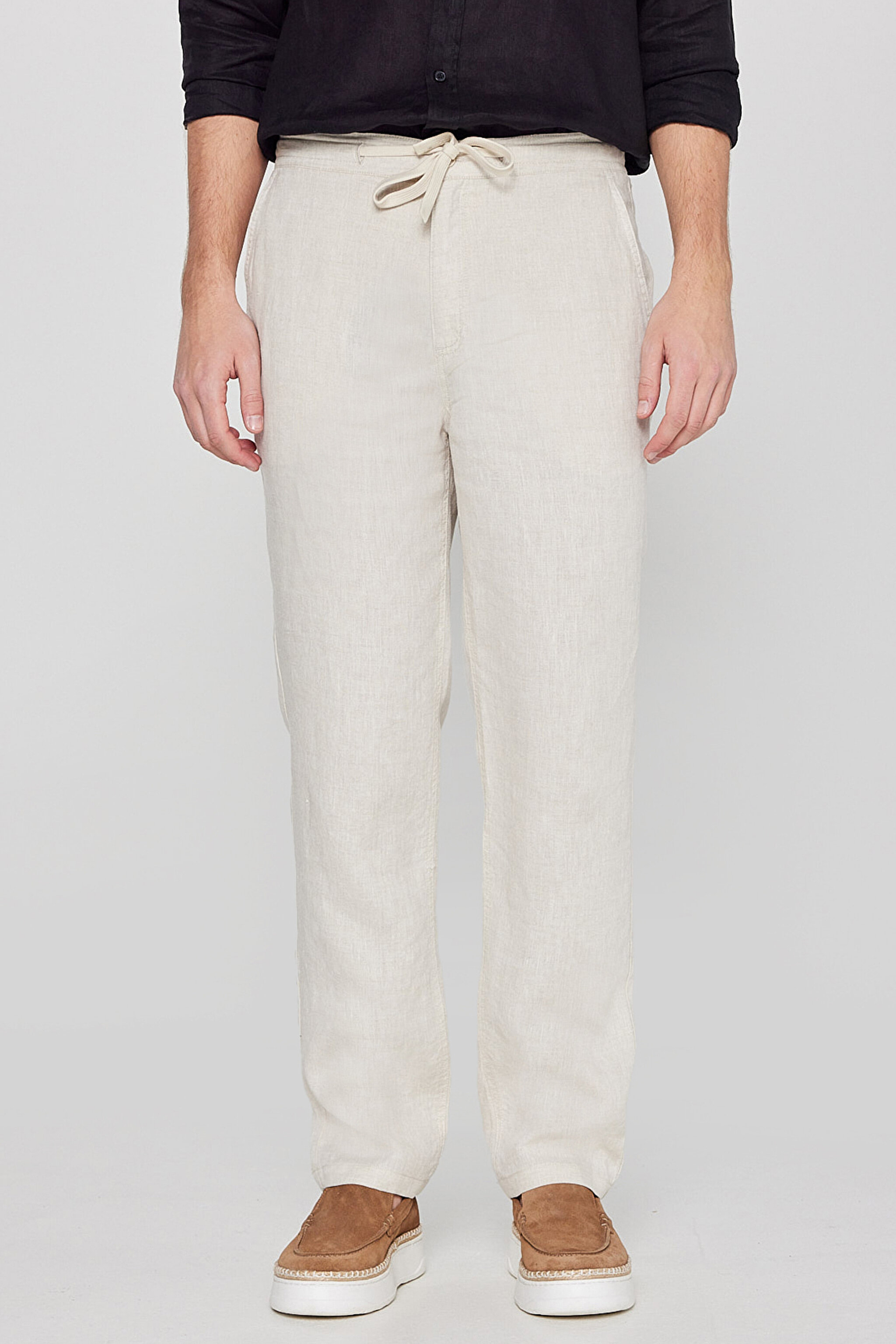 %100 Keten Regular Fit Normal Kesim Cepli Pantolon - Beige-L2610018614 (görsel 3)