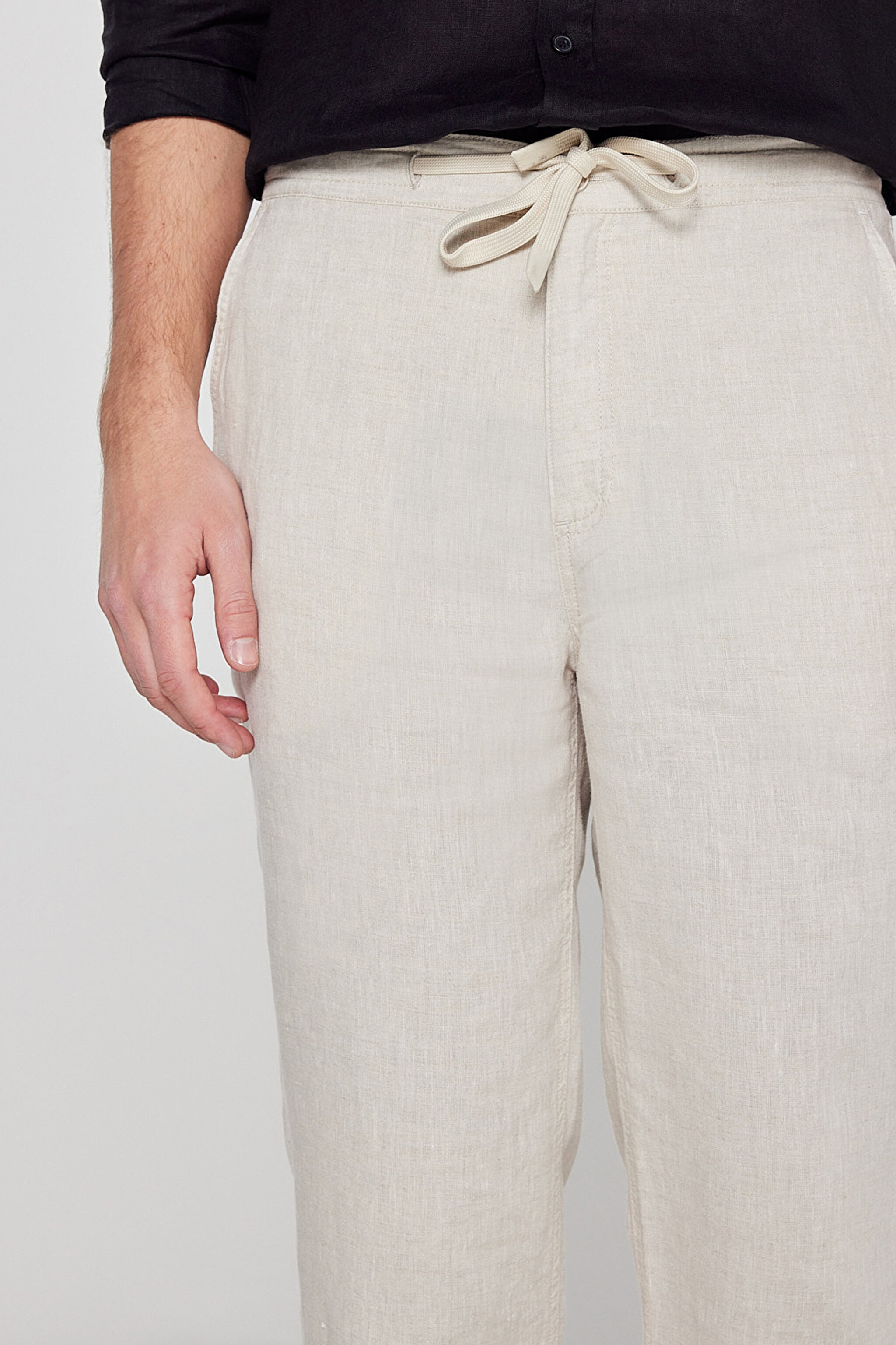 %100 Keten Regular Fit Normal Kesim Cepli Pantolon - Beige-L2610018614 (görsel 5)
