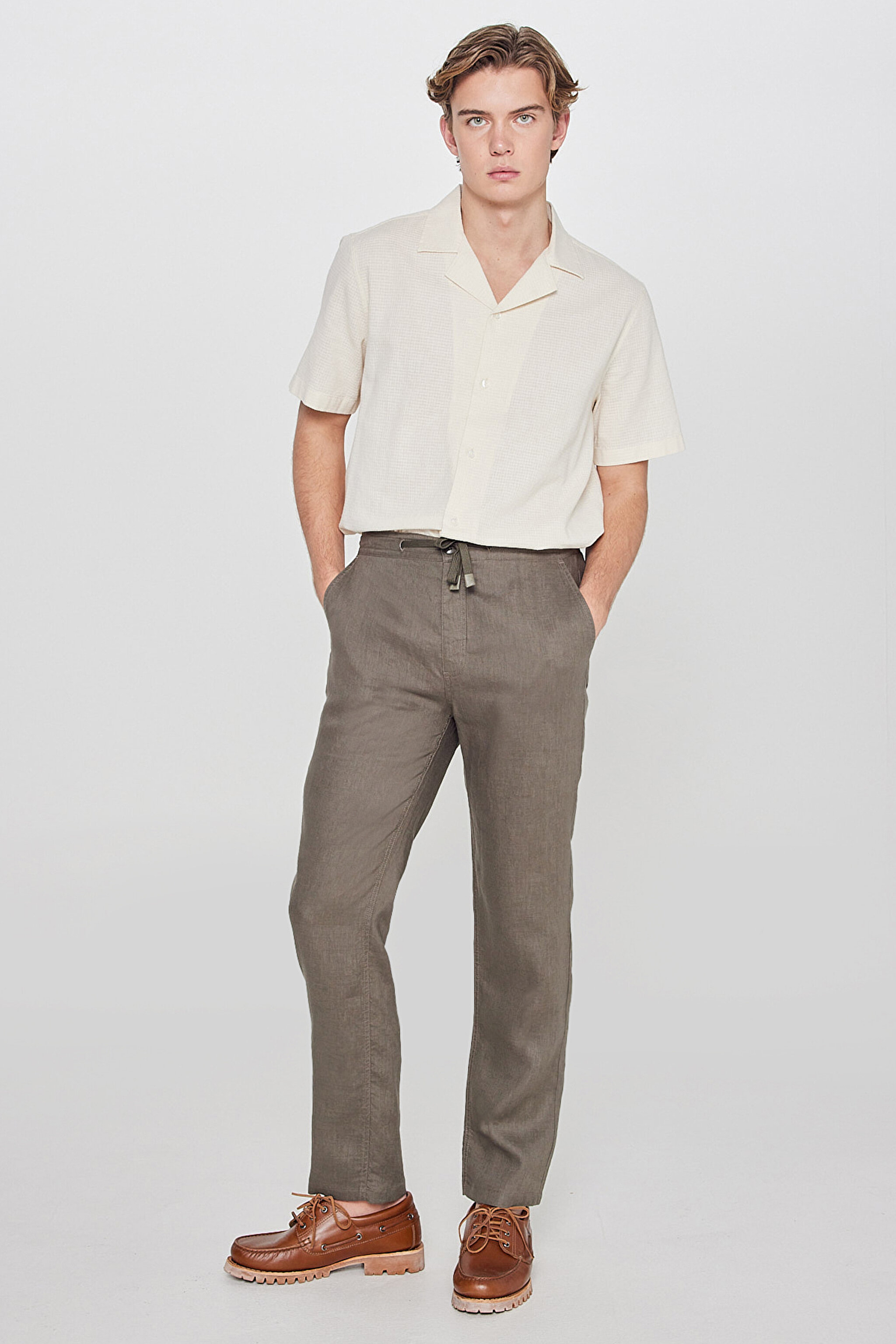 %100 Keten Regular Fit Normal Kesim Cepli Pantolon - Khaki-L2610018801 (görsel 2)