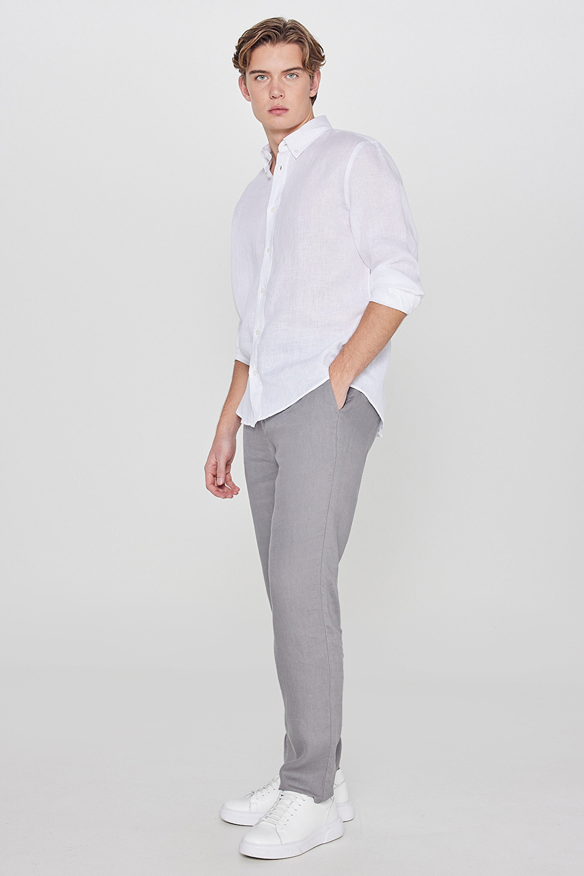 %100 Keten Regular Fit Normal Kesim Cepli Pantolon - Dark Grey-L261001893 (görsel 2)