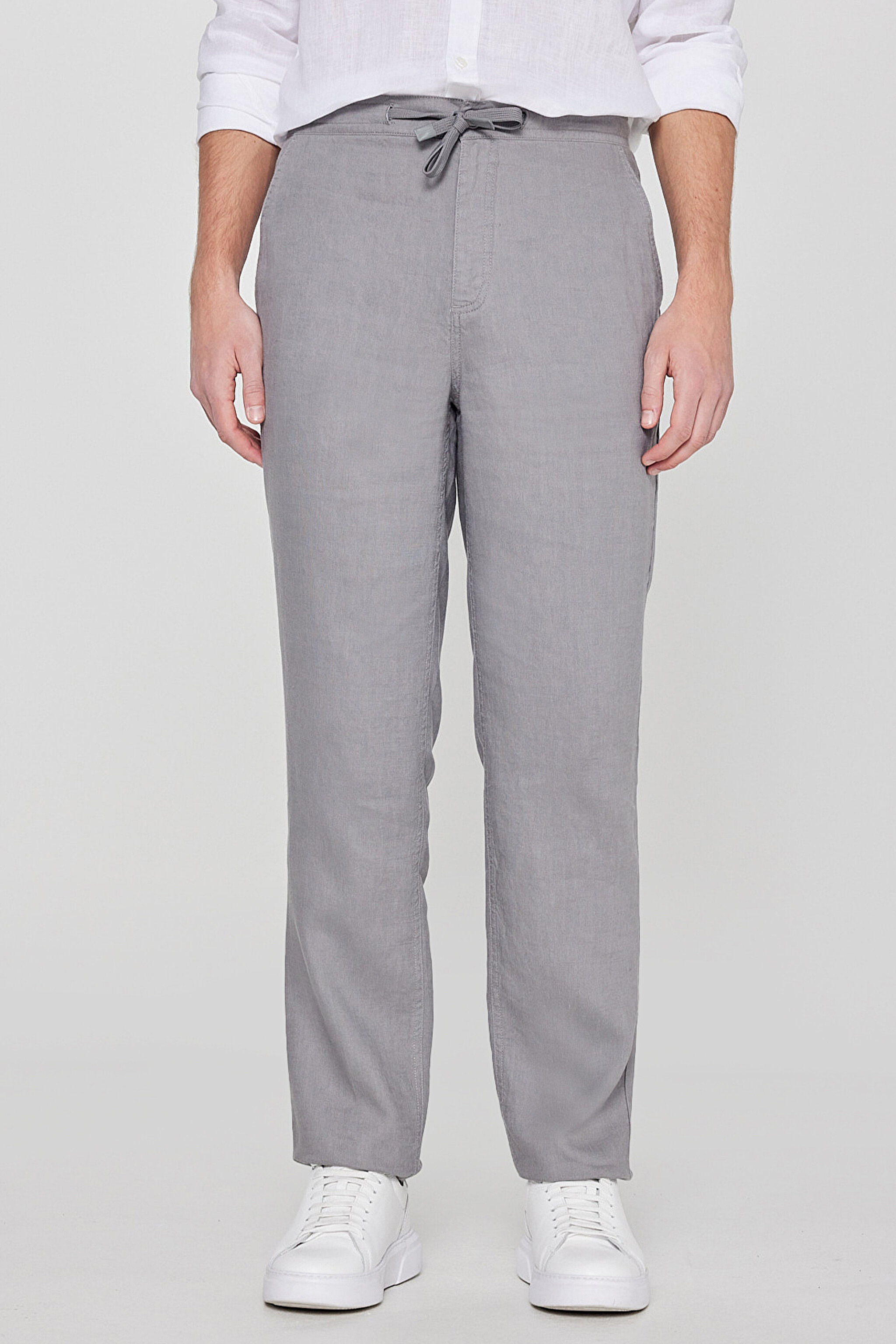 %100 Keten Regular Fit Normal Kesim Cepli Pantolon - Dark Grey-L261001893 (görsel 3)