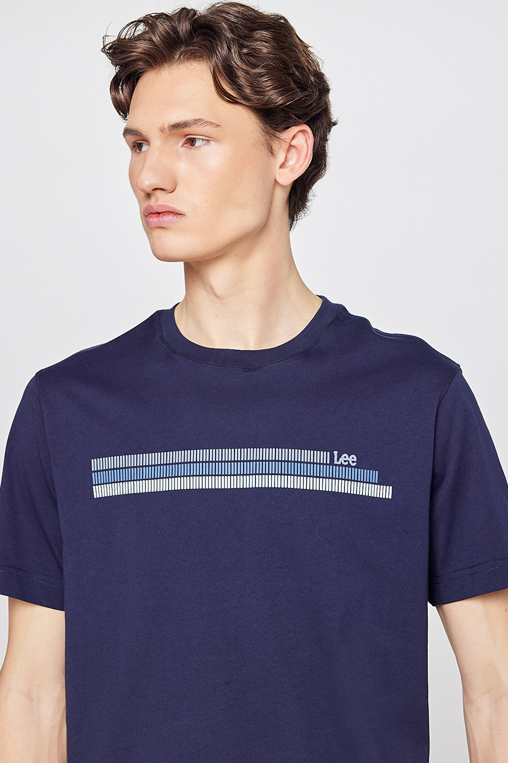 %100 Pamuk Regular Fit Normal Kesim Bisiklet Yaka Logo Detaylı Tişört - Navy-L2610020410 (görsel 4)