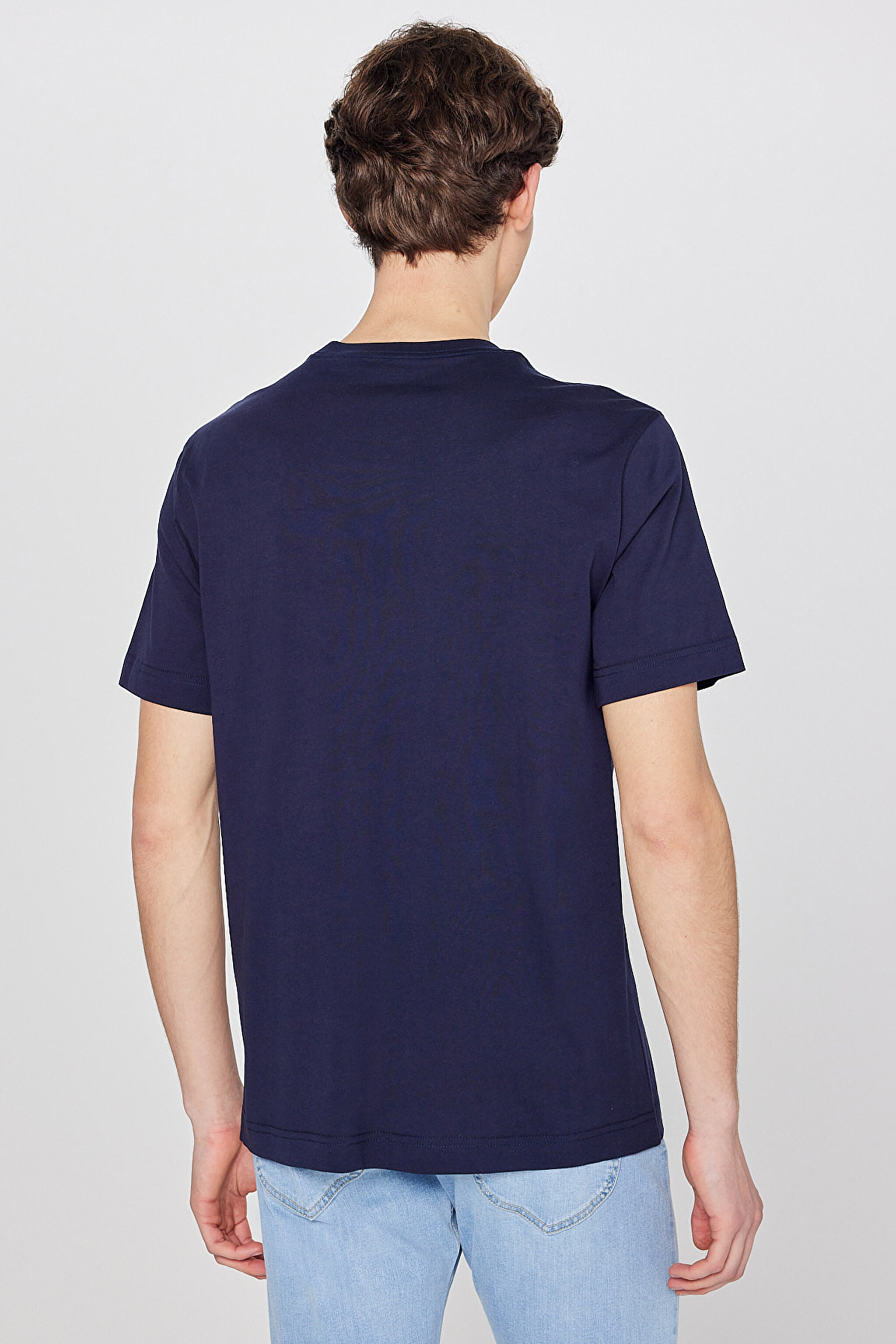%100 Pamuk Regular Fit Normal Kesim Bisiklet Yaka Logo Detaylı Tişört - Navy-L2610020410 (görsel 5)