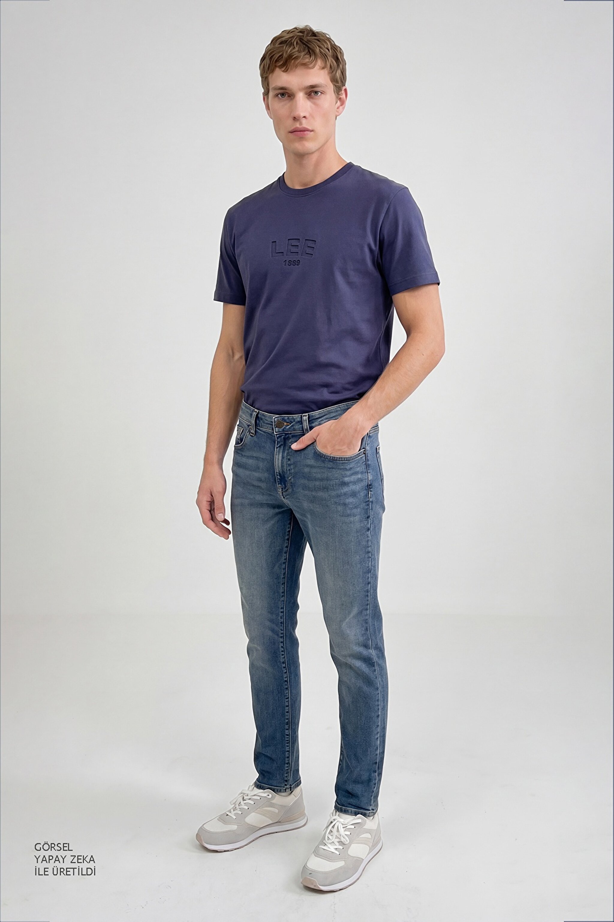 %100 Pamuk Relaxed Fit Rahat Kesim Logo Detaylı Tişört - Navy-L2610041410 (görsel 2)