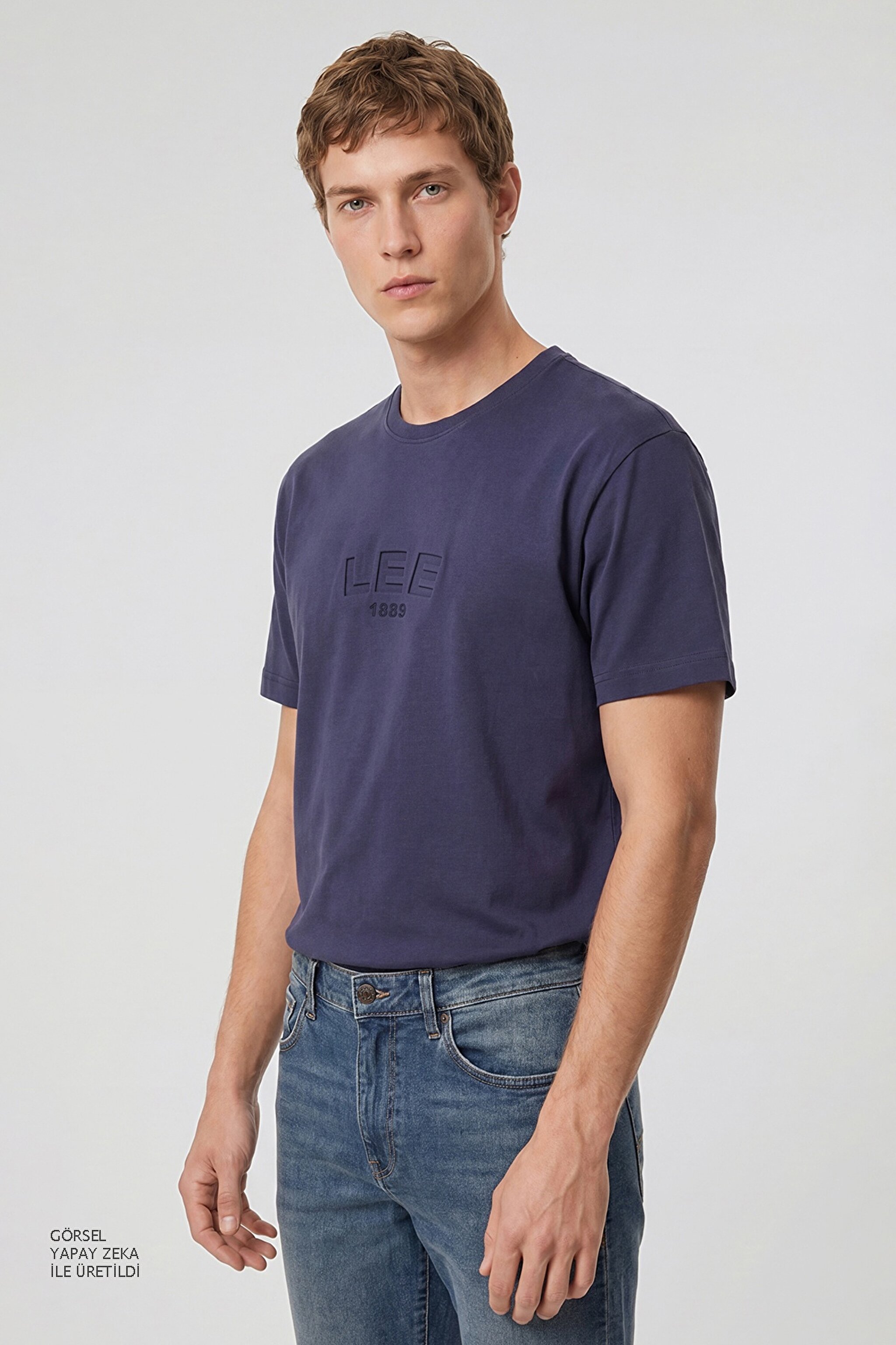 %100 Pamuk Relaxed Fit Rahat Kesim Logo Detaylı Tişört - Navy-L2610041410 (görsel 3)