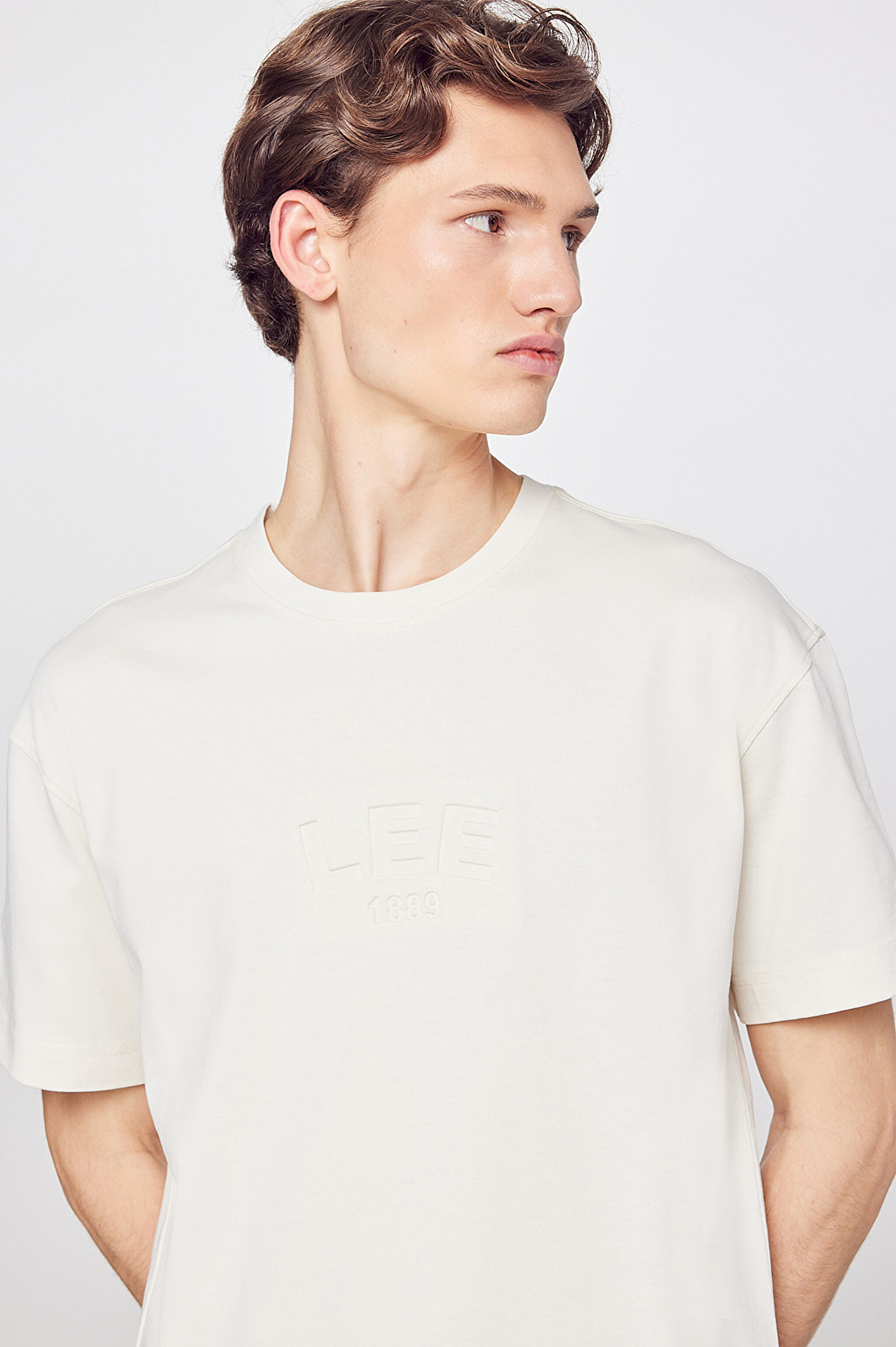 %100 Pamuk Relaxed Fit Rahat Kesim Logo Detaylı Tişört - Beige-L2610041614 (görsel 4)