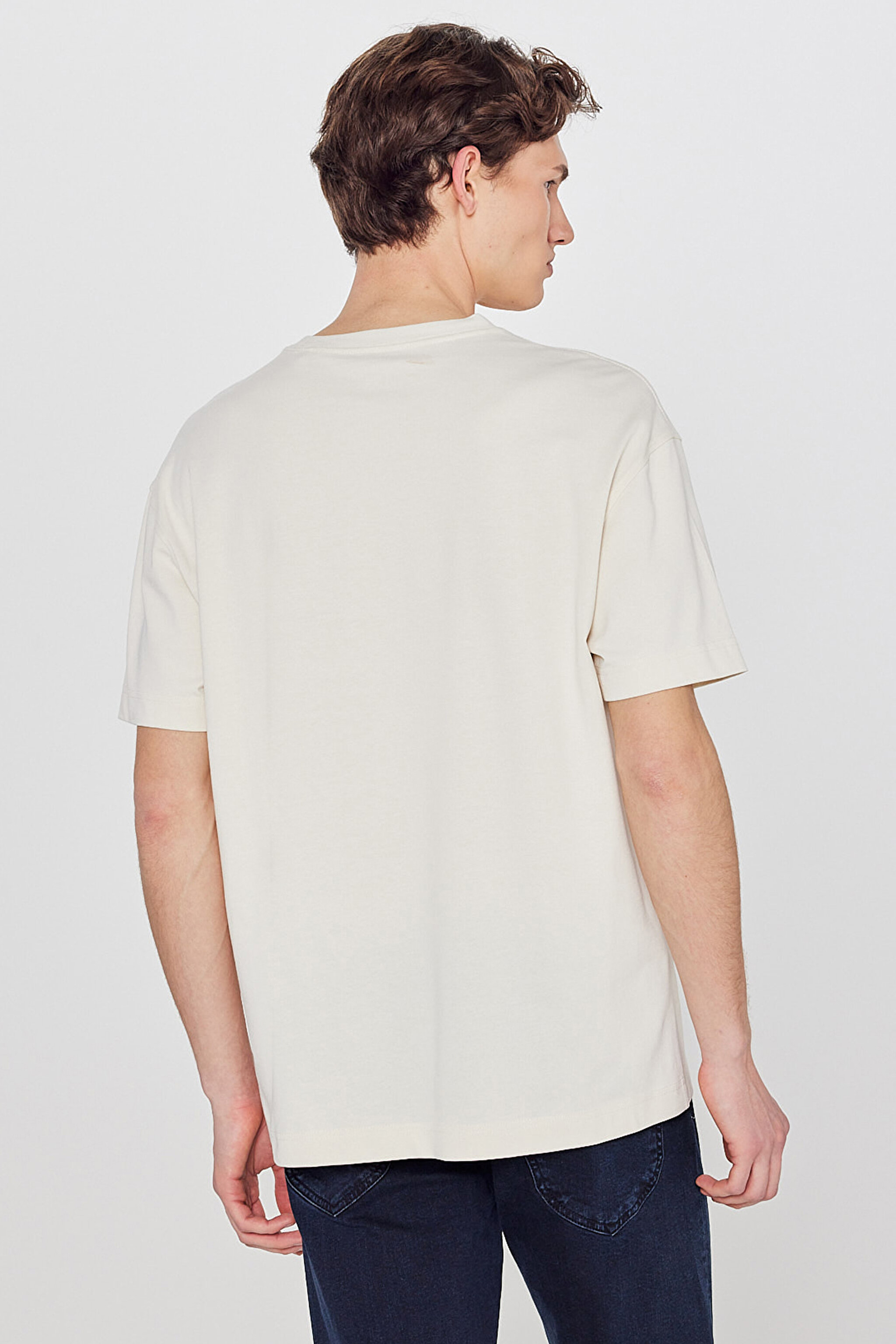 %100 Pamuk Relaxed Fit Rahat Kesim Logo Detaylı Tişört - Beige-L2610041614 (görsel 5)