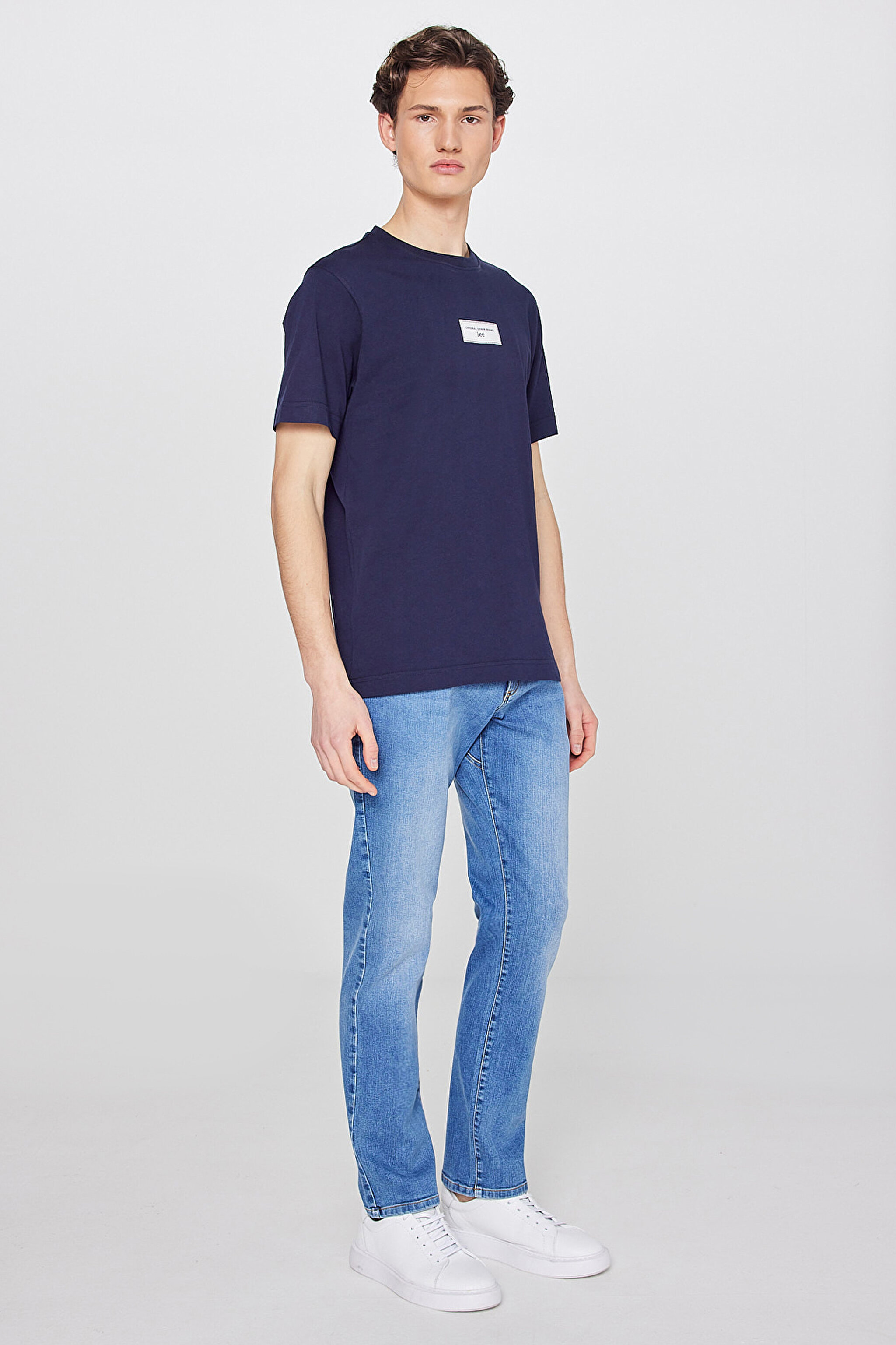 %100 Pamuk Nefes Alan Kumaş Regular Fit Logo Detaylı Tişört - Navy-L2610071410 (görsel 3)