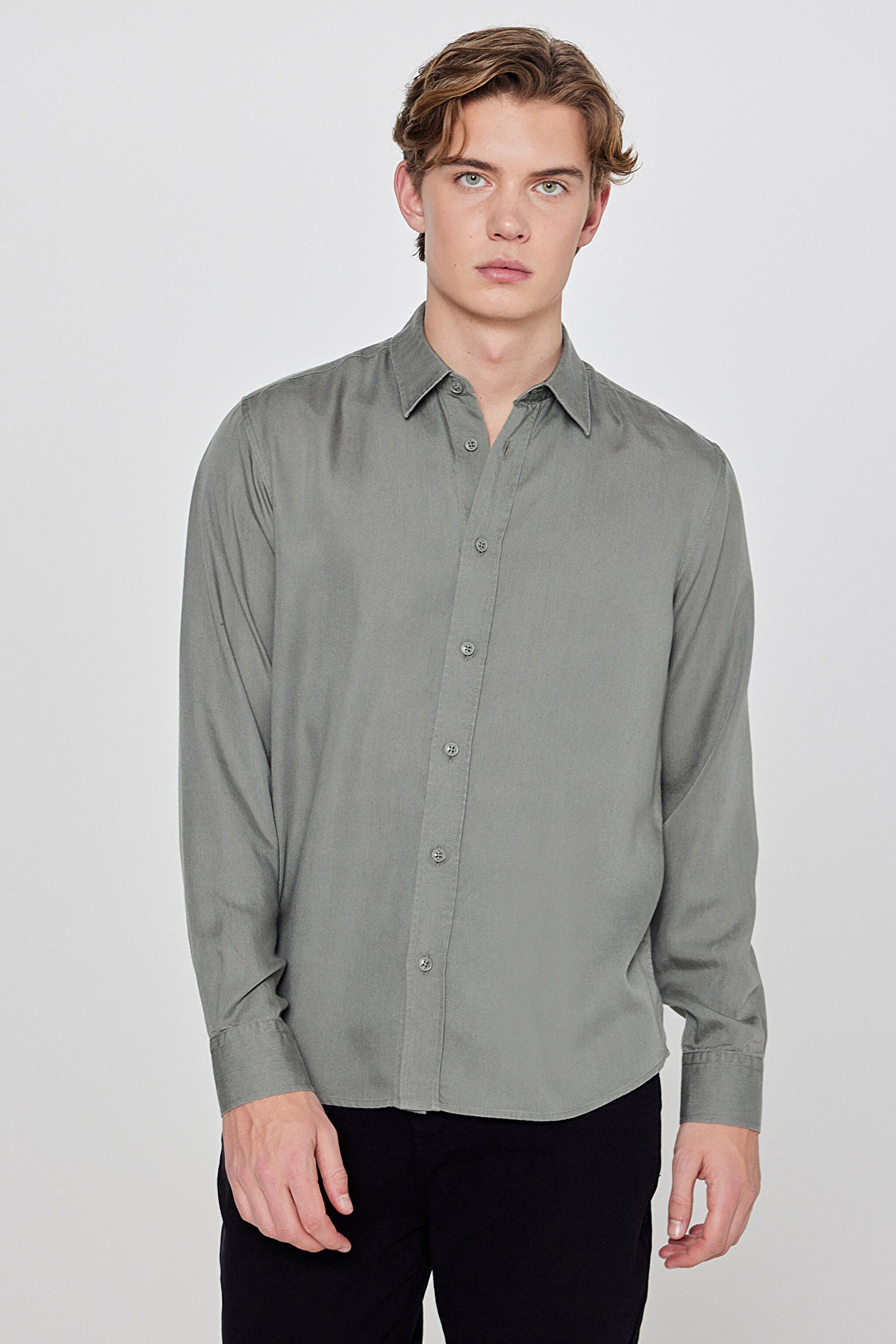 Yumuşak Dokulu Regular Fit Normal Kesim Klasik Yaka Gömlek - Khaki-L2610084801 (görsel 2)