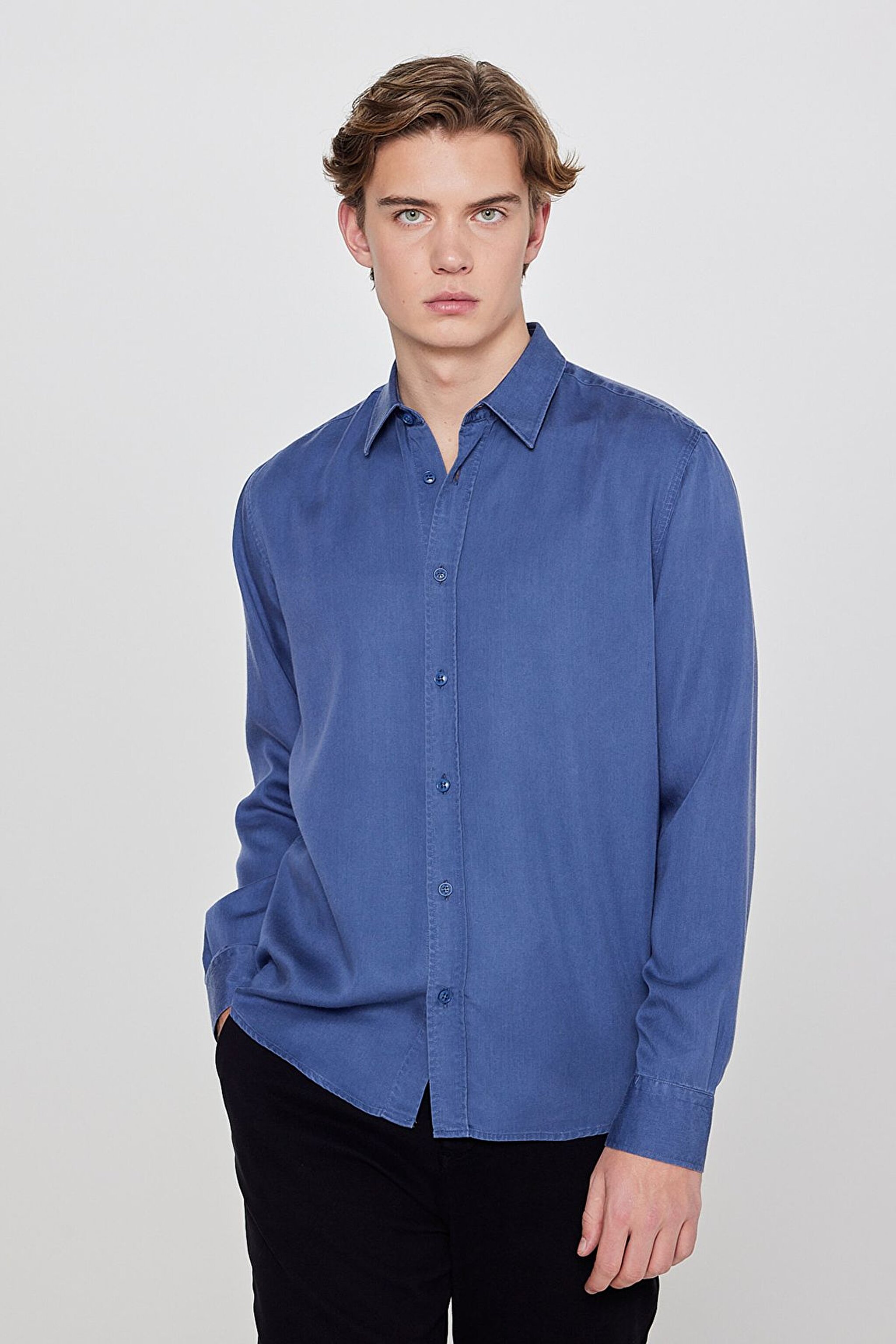 Yumuşak Dokulu Regular Fit Normal Kesim Klasik Yaka Gömlek - Indigo-L2610084TF (görsel 2)