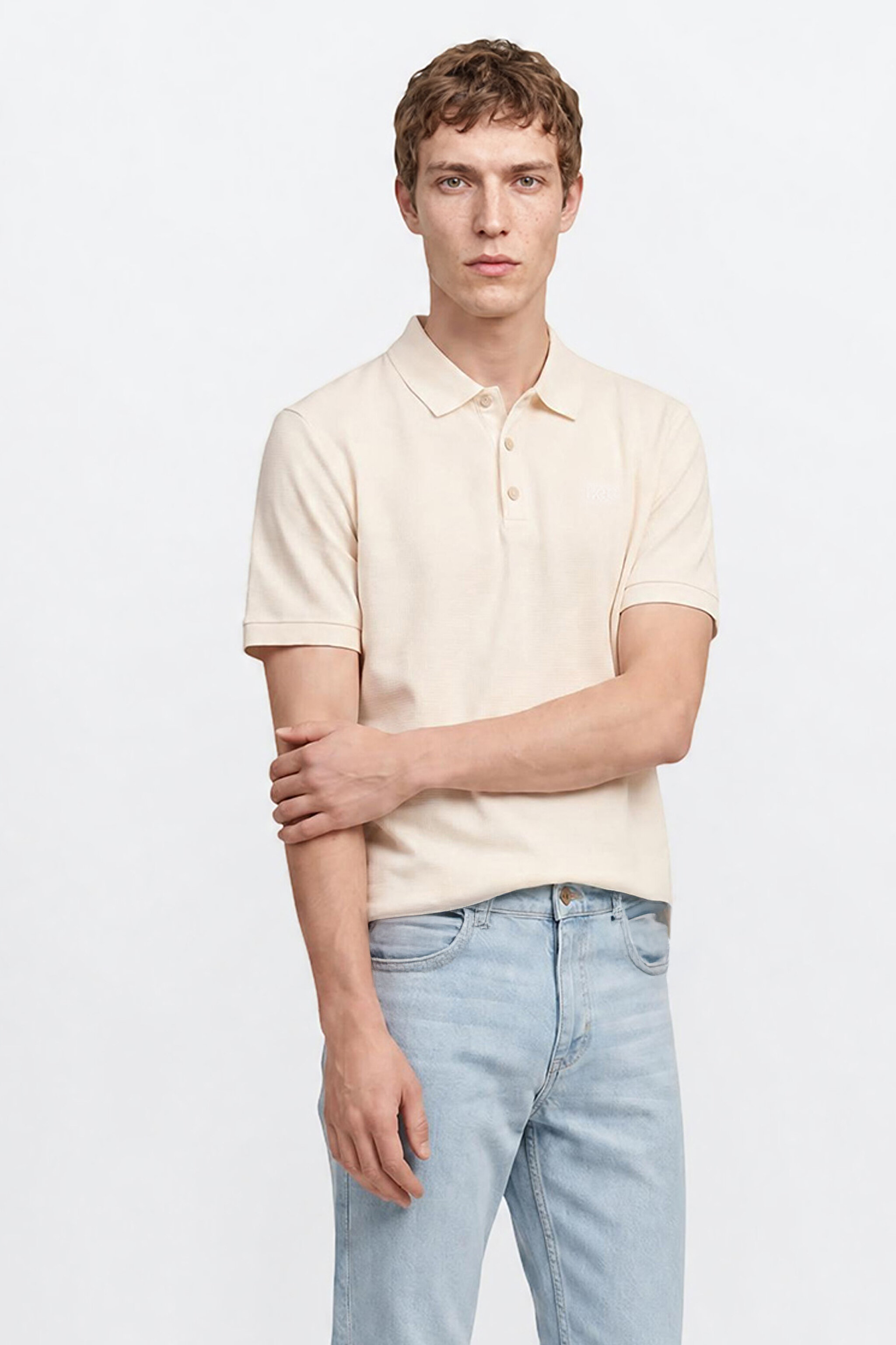 %100 Pamuk Regular Fit Normal Kesim Polo Yaka Tişört - Beige-L2610130614 (görsel 4)