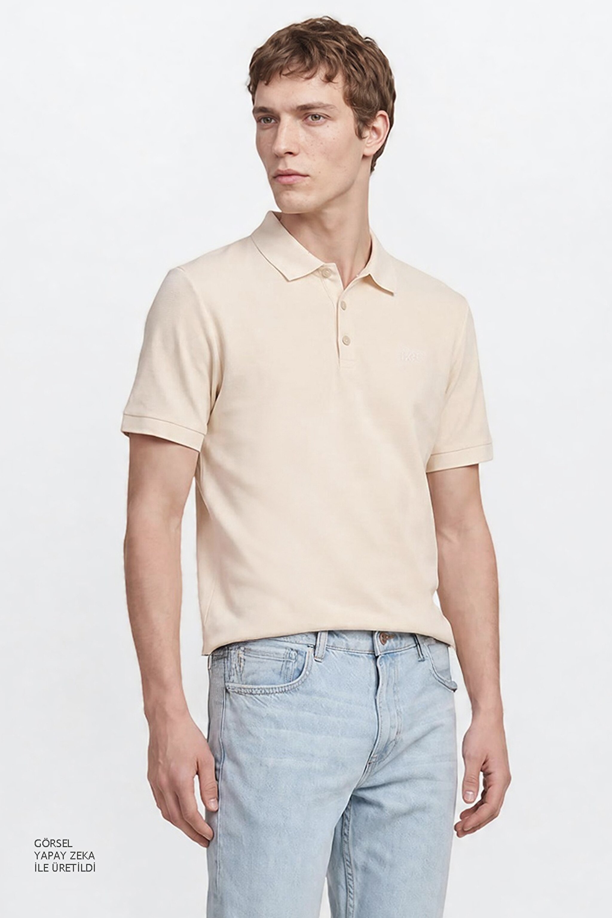 %100 Pamuk Regular Fit Normal Kesim Polo Yaka Tişört - Beige-L2610130614 (görsel 2)