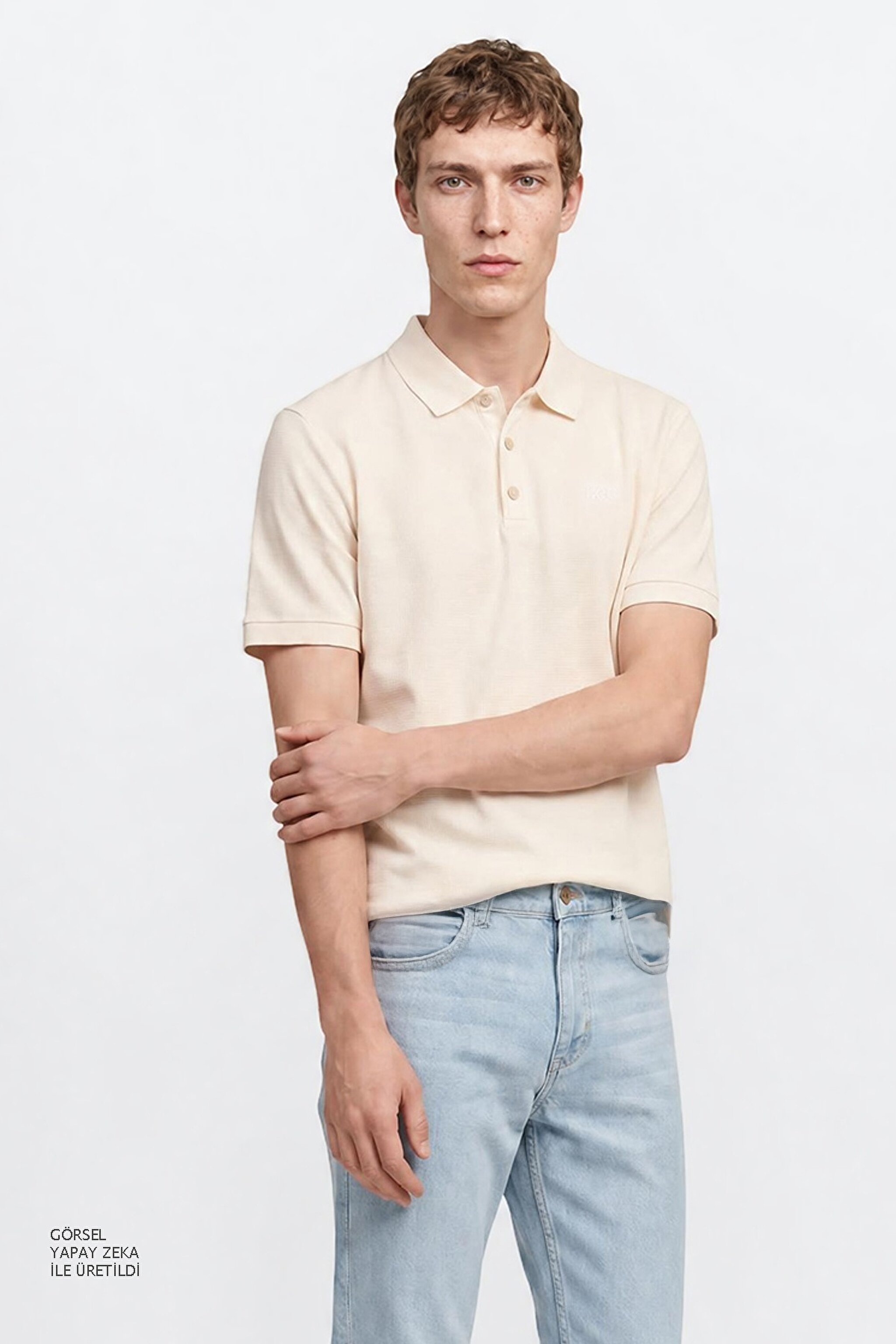 %100 Pamuk Regular Fit Normal Kesim Polo Yaka Tişört - Beige-L2610130614 (görsel 4)