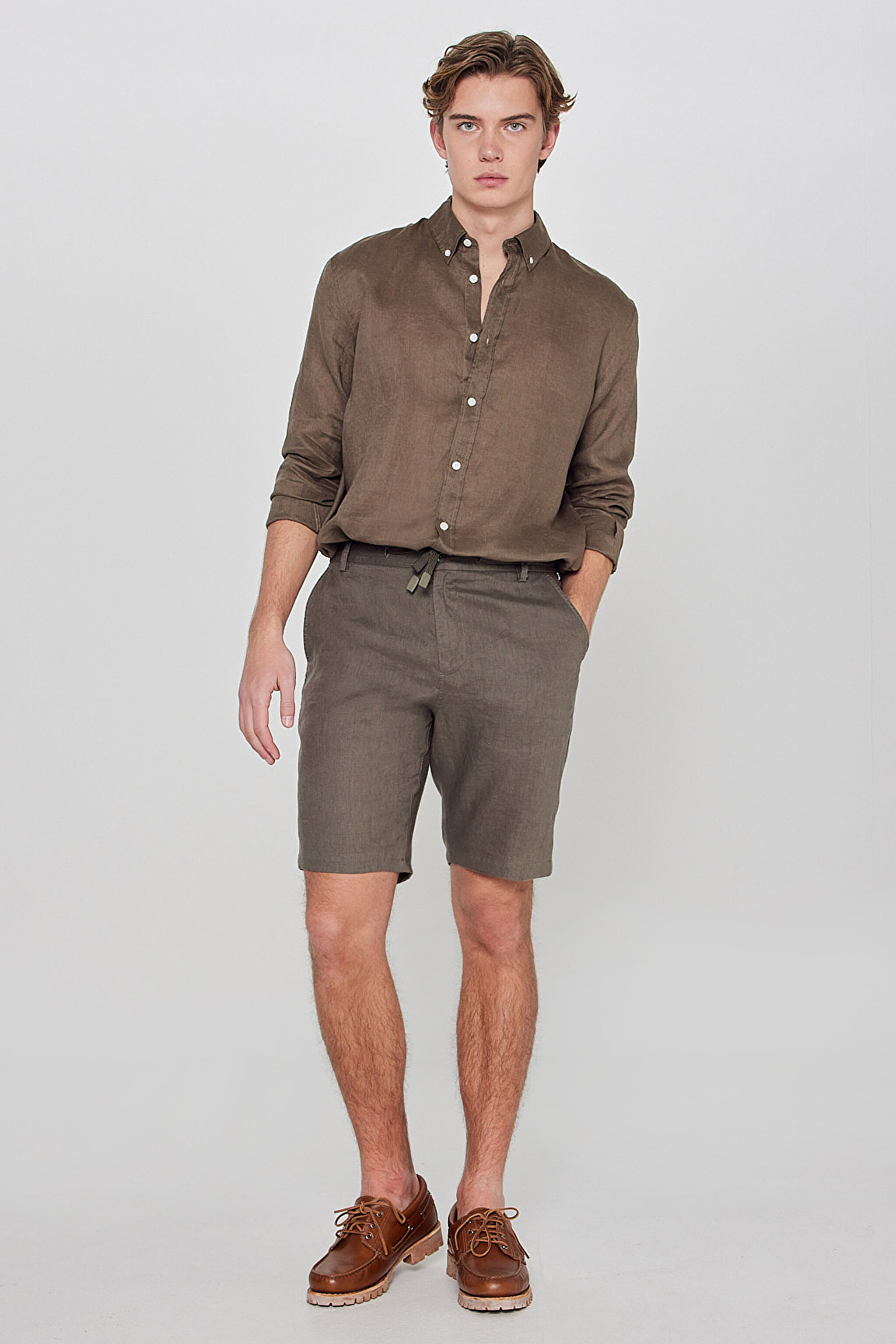 %100 Keten Regular Fit Normal Kesim Cepli Şort - Green-L2610147300