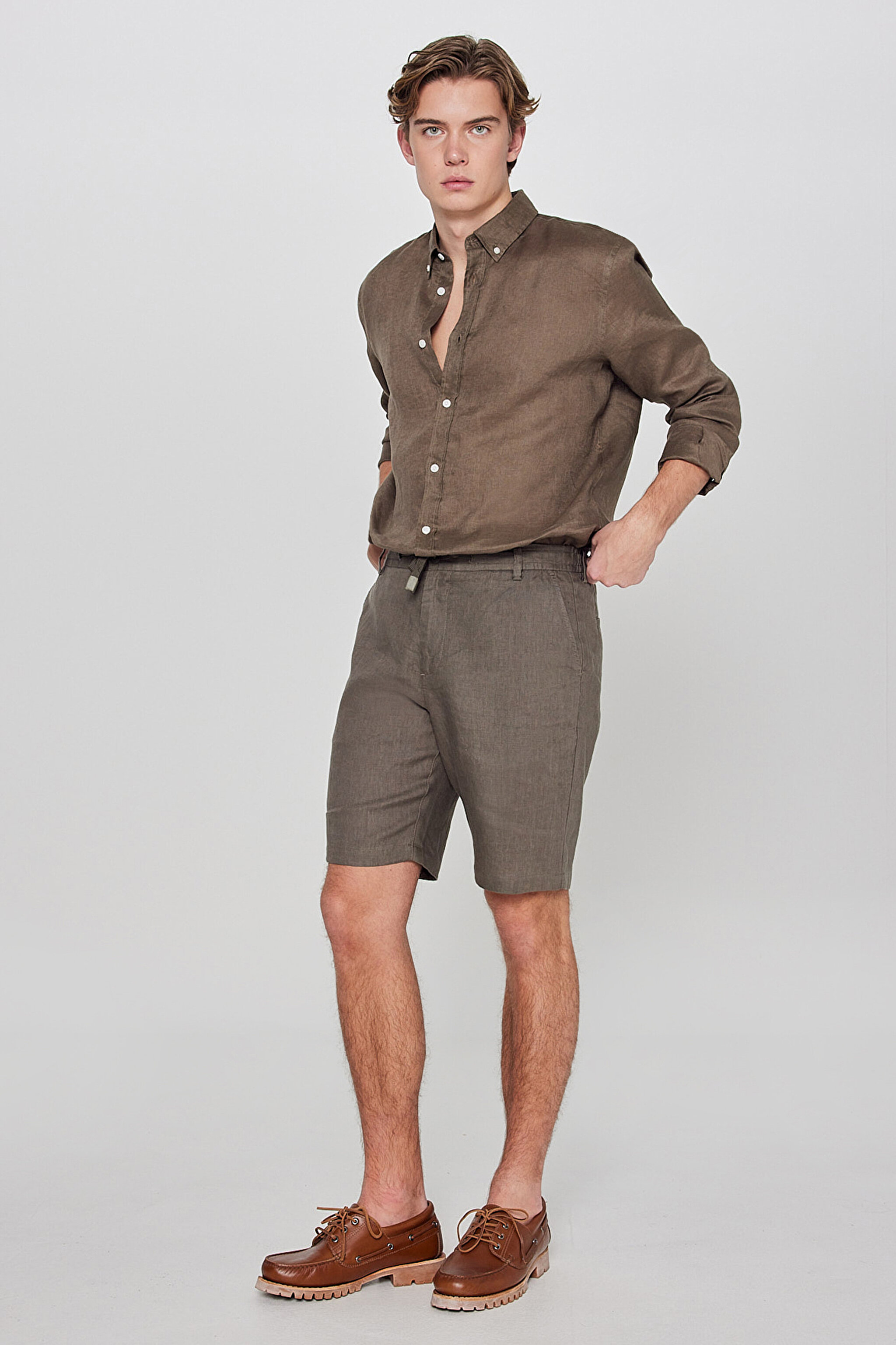 %100 Keten Regular Fit Normal Kesim Cepli Şort - Green-L2610147300 (görsel 2)