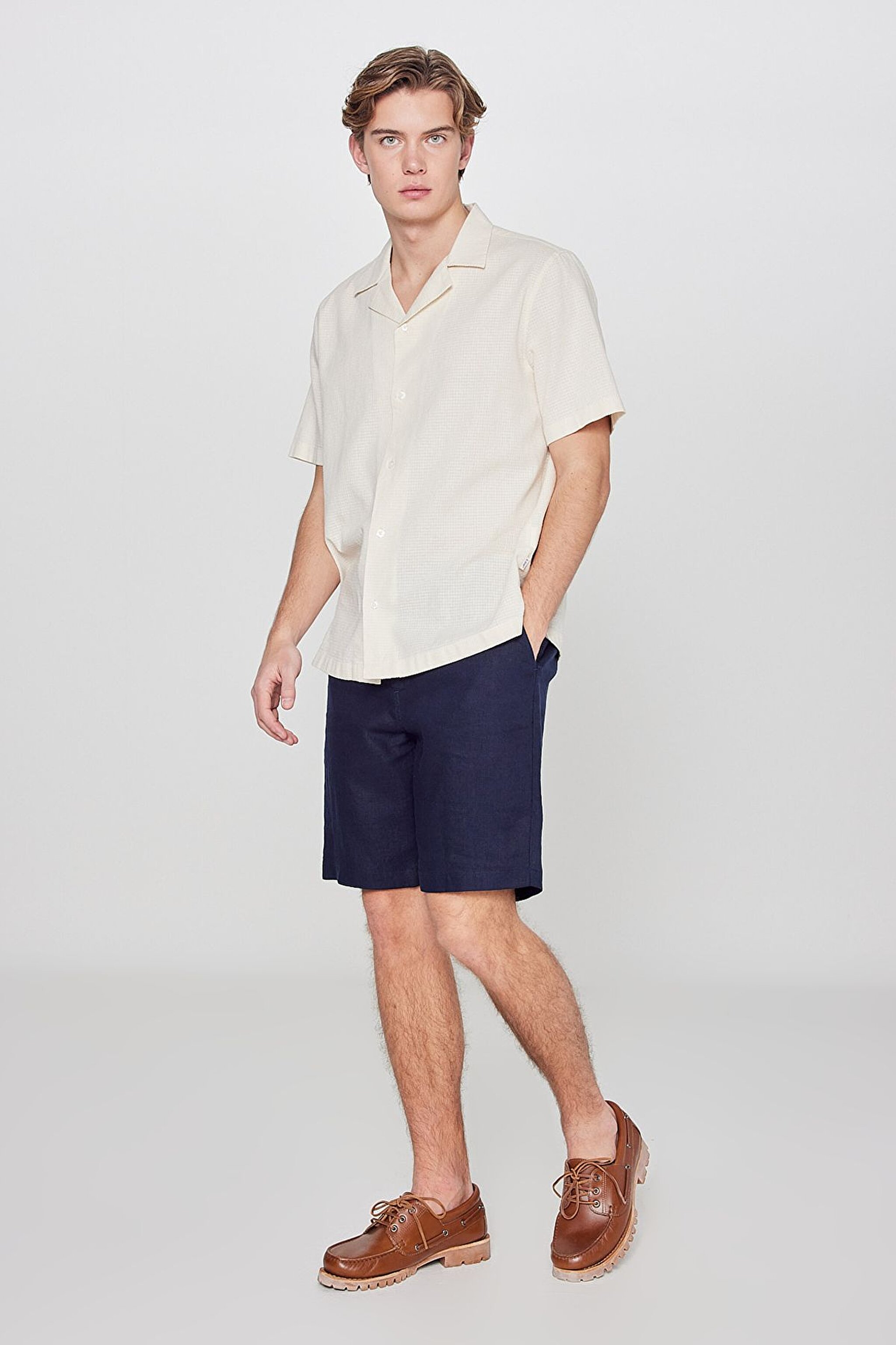 %100 Keten Regular Fit Normal Kesim Cepli Şort - Blue-L2610147400 (görsel 2)