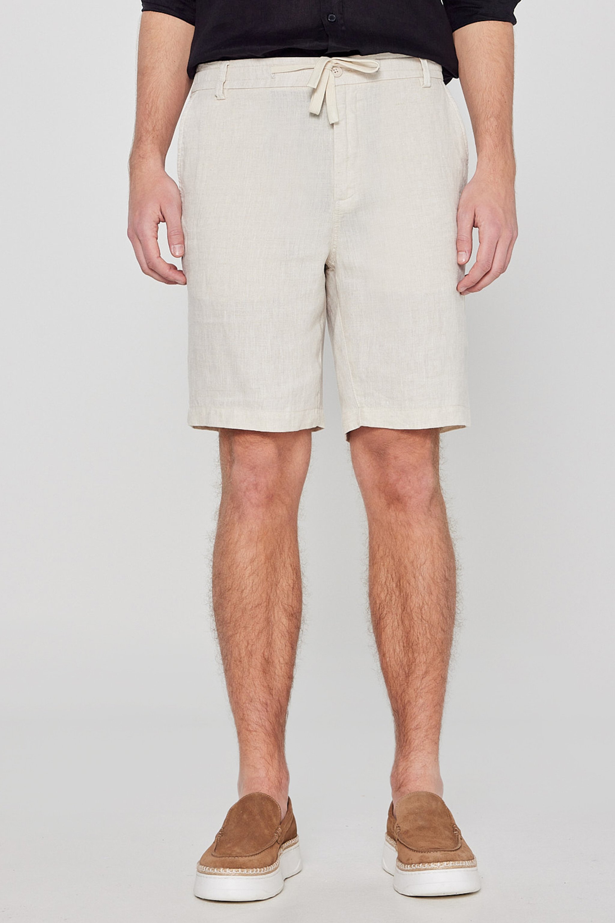 %100 Keten Regular Fit Normal Kesim Cepli Şort - Beige-L2610147614 (görsel 3)
