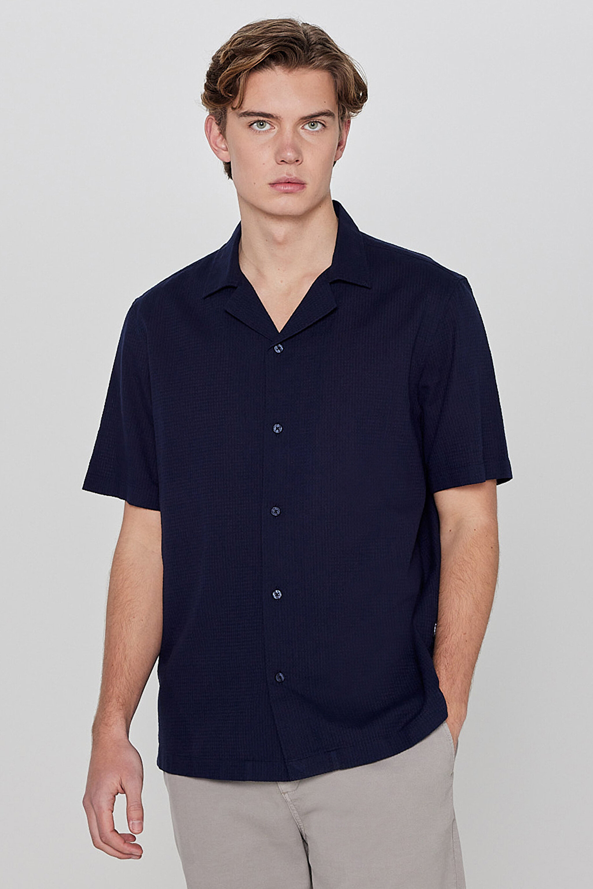 %100 Pamuk Relaxed Fit Rahat Kesim Kısa Kollu Gömlek - Navy-L2610155410
